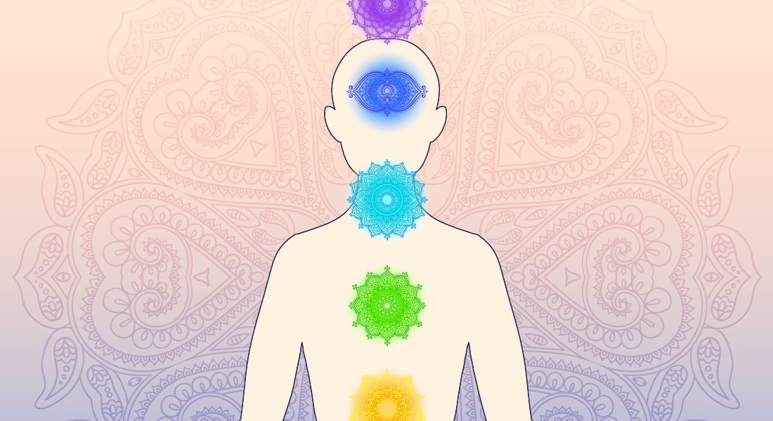 Illustration of a human figure with chakra symbols on a patterned background.