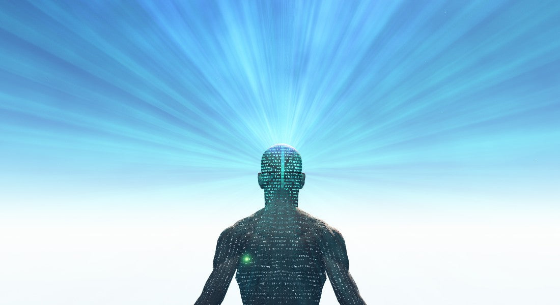 Digital human figure with glowing blue energy beams on a white background.
