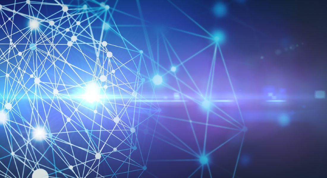 Network of connected dots and lines on a dark blue background.