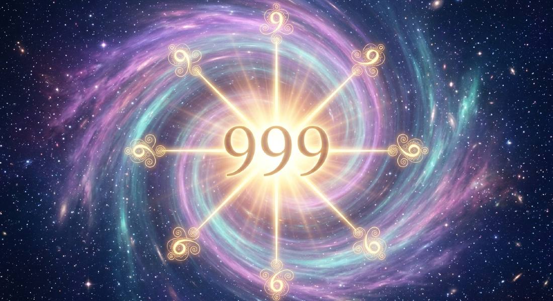 Bright cosmic vortex with golden light and the number 999 representing 999 energy.