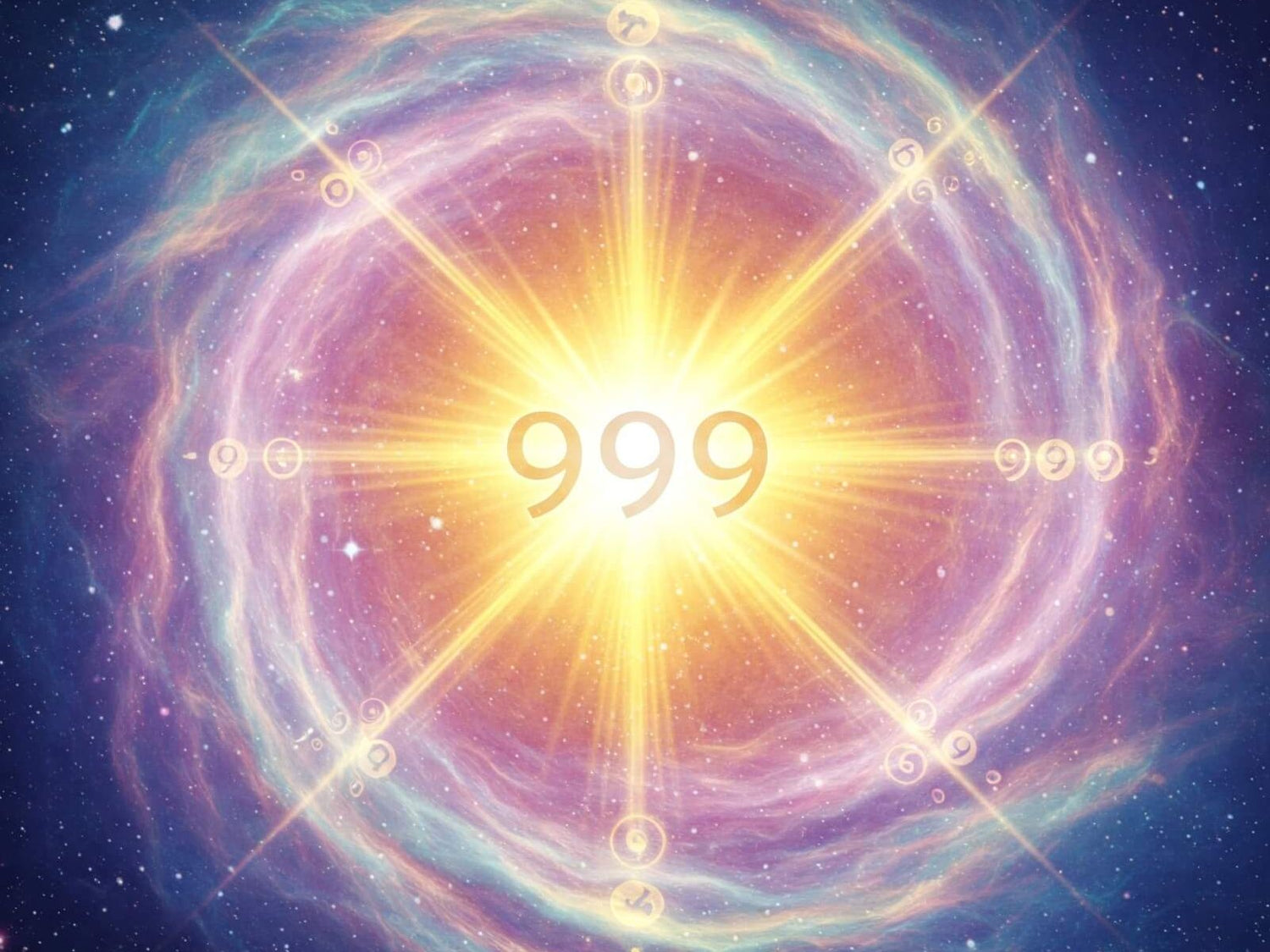 Iridescent cosmic vortex with golden light and the number 999, illustrating the decoding of 999 energy for spiritual transformation and understanding your soul's purpose.