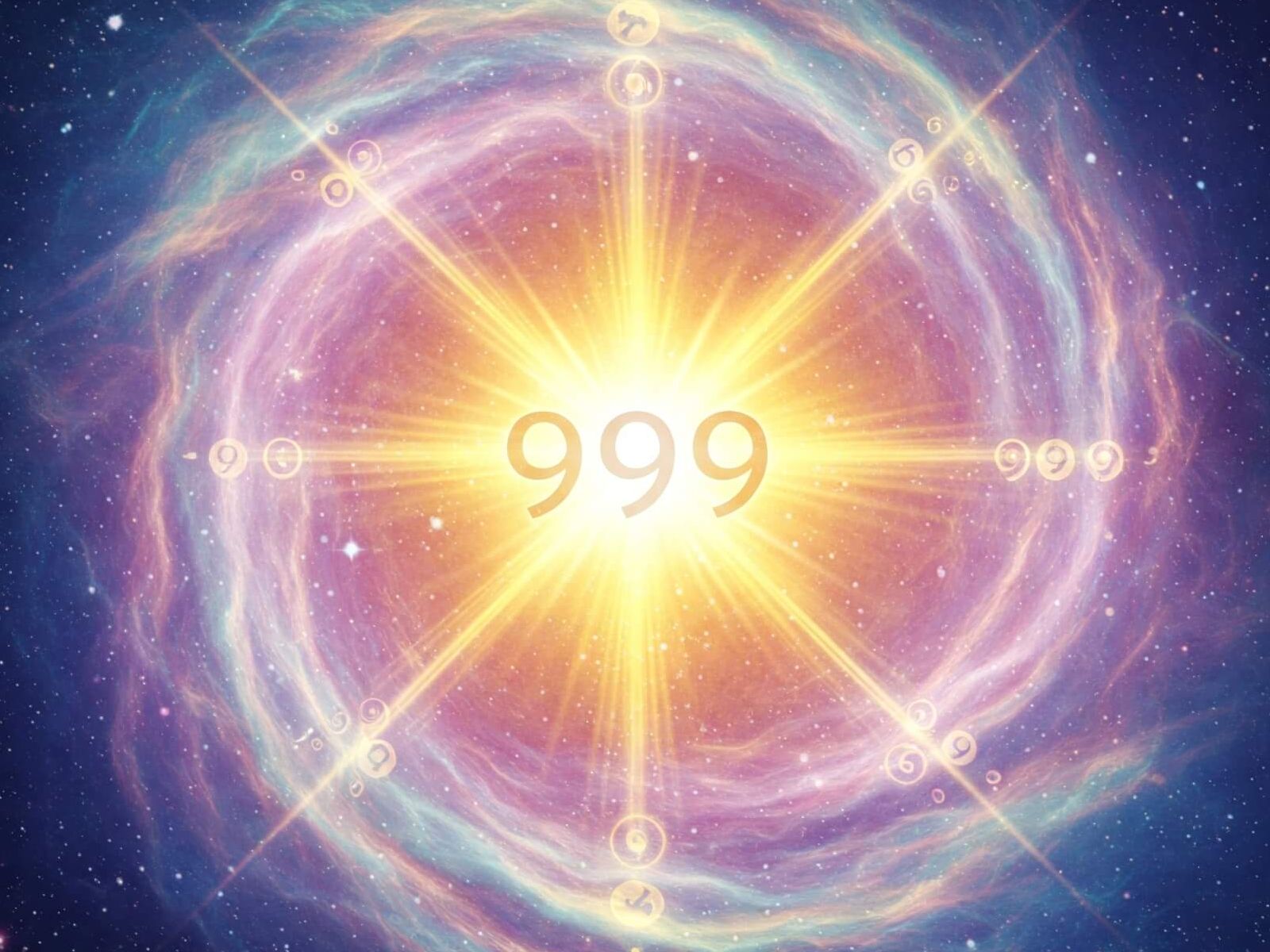 Iridescent cosmic vortex with golden light and the number 999, illustrating the decoding of 999 energy for spiritual transformation and understanding your soul's purpose.