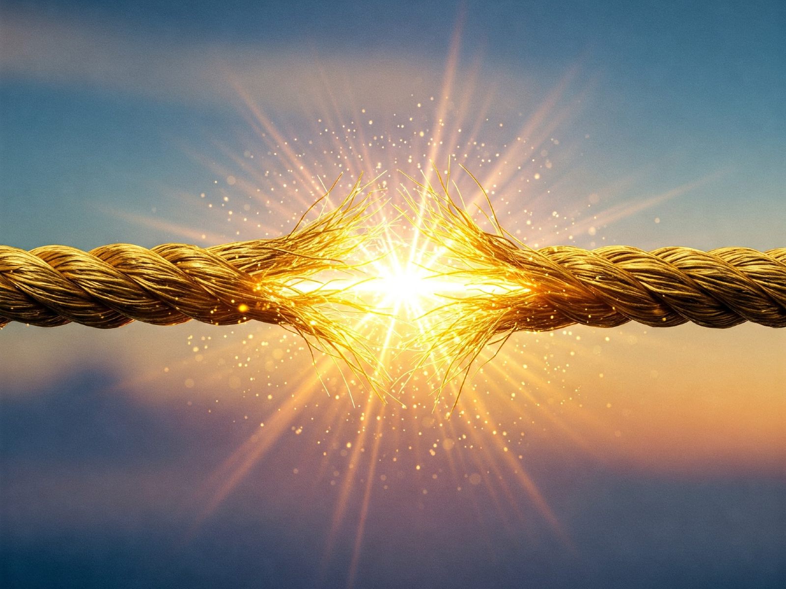A golden rope fraying apart with bright light emanating from the breaking point, symbolising the cutting of etheric cords.