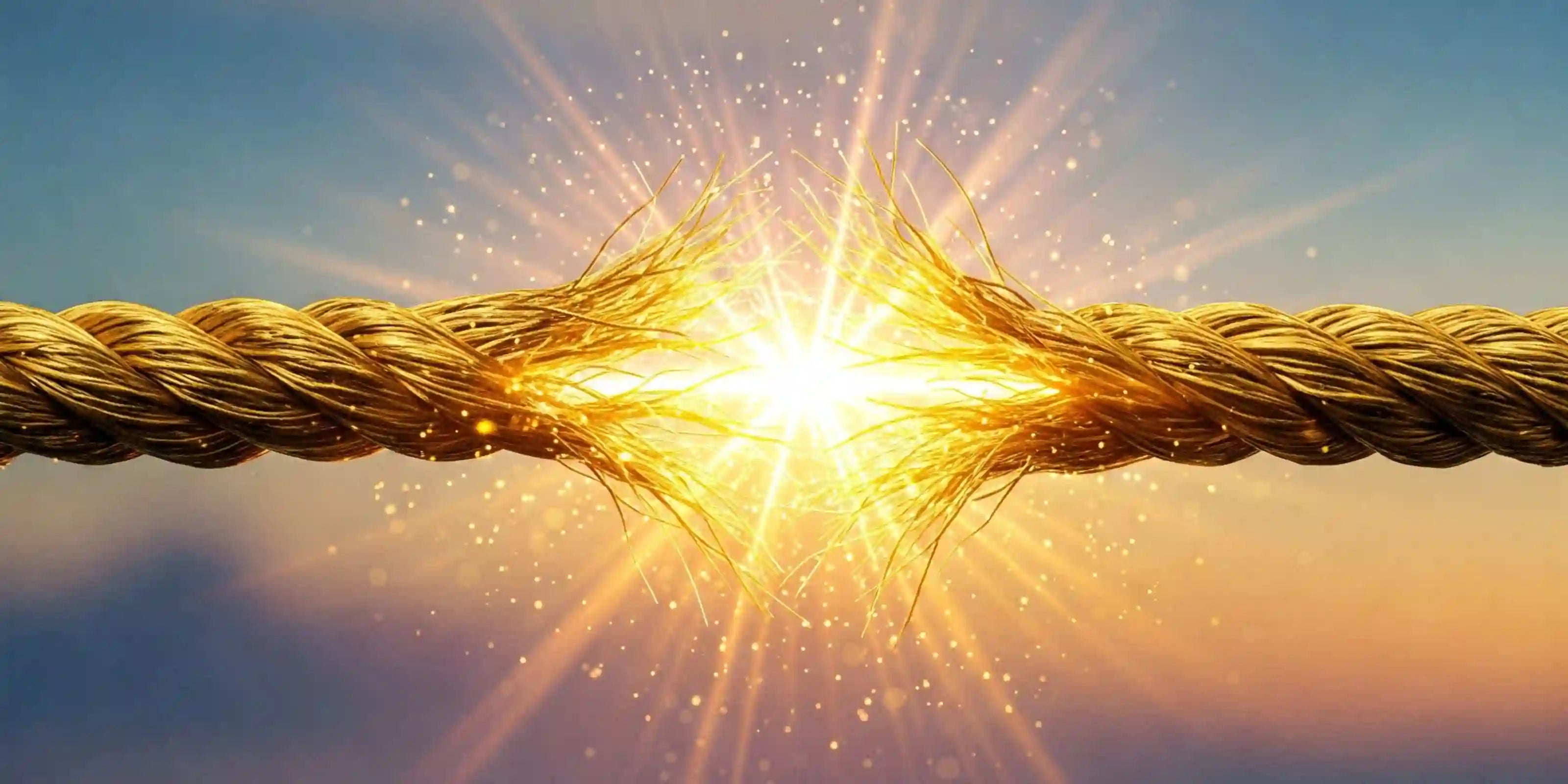 A golden rope fraying apart with bright light emanating from the breaking point, symbolising the cutting of etheric cords.