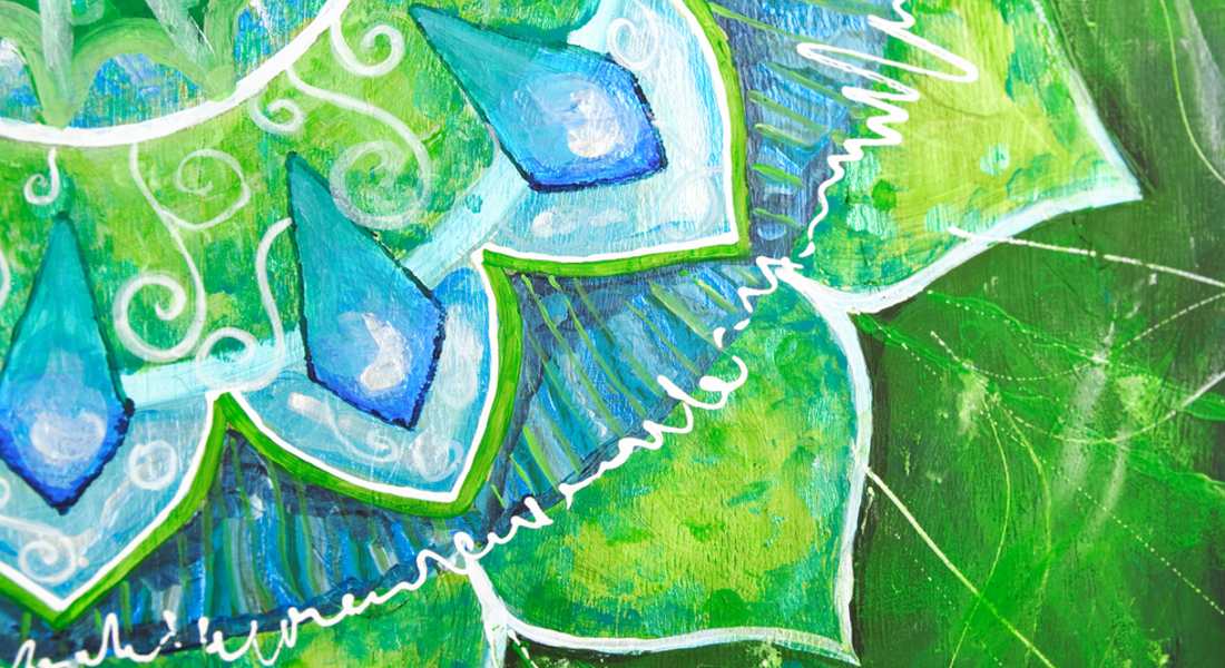 Colourful abstract design with blue and green elements of the heart chakra.