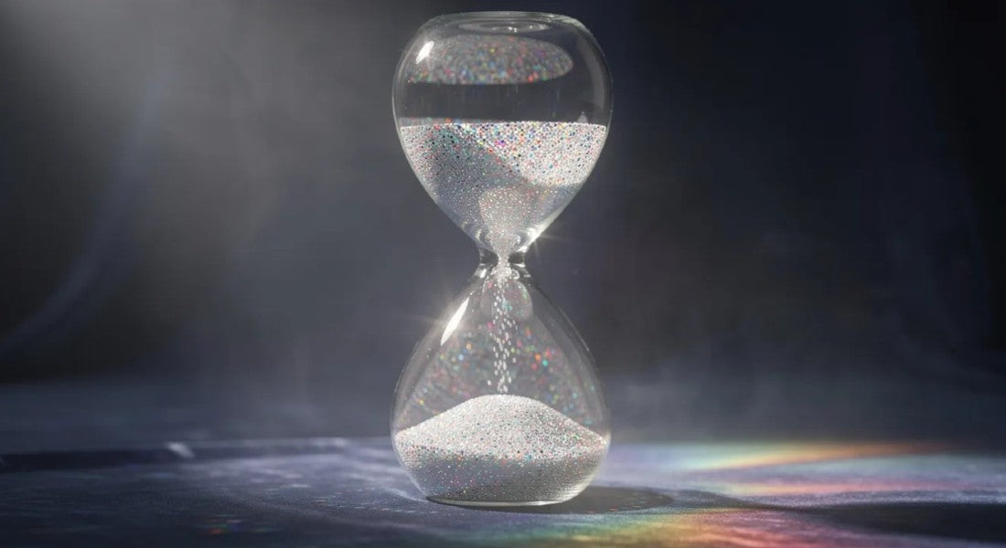 Hourglass with sand running through against a dark background and rainbow reflections.