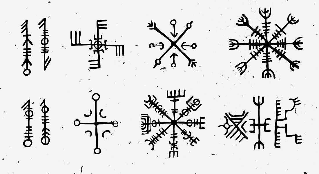 Set of black mystical symbols on a white background.