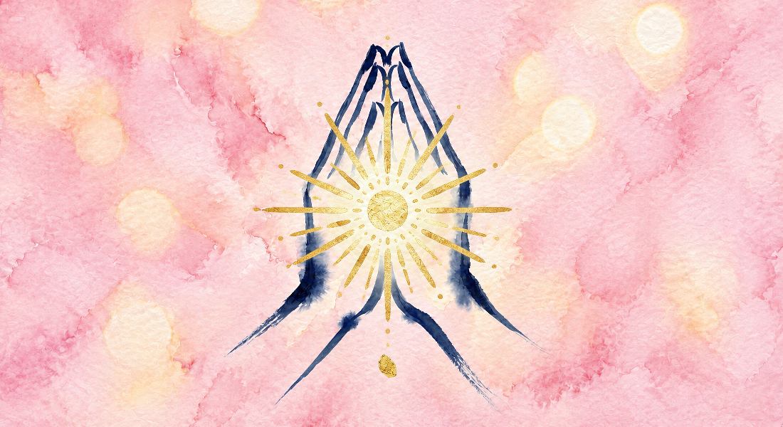 Watercolour illustration of praying Reiki hands overlayed with a radiant golden sun symbol set against a soft pink background.