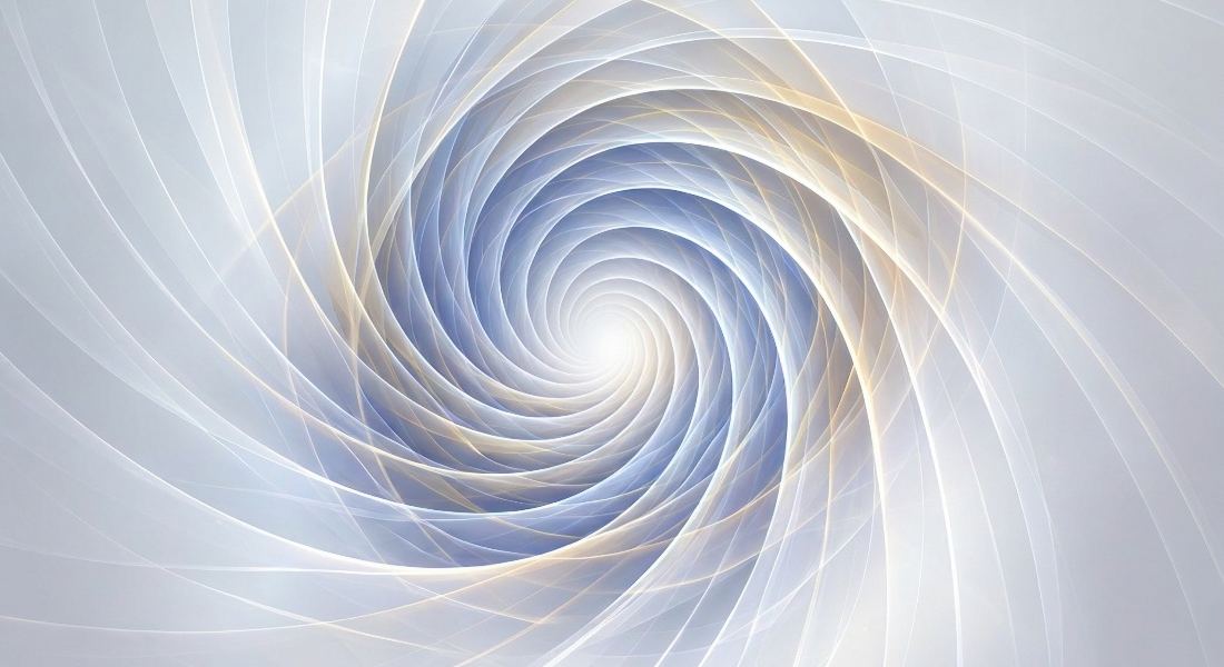 Abstract 3D geometric spiral vortex in glowing silver-white, sapphire-blue, and gold for flush attunements guide.