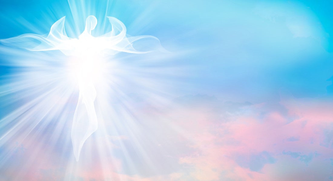 Radiant angelic light source with a soft, pastel sky background.
