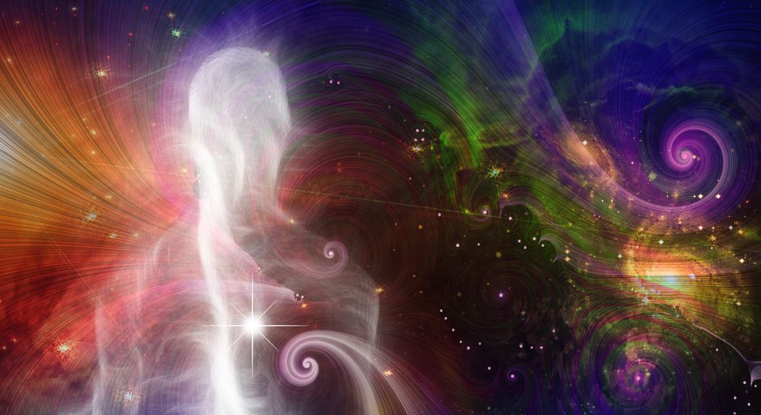 Abstract artwork with a human figure and vibrant cosmic energy elements.