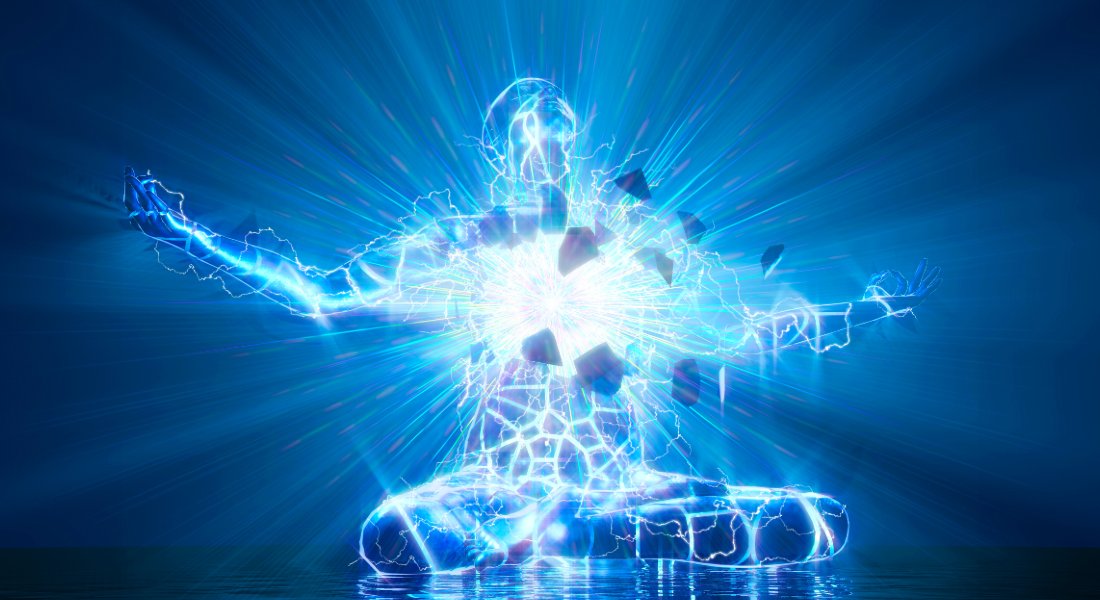 Abstract blue energy figure on a dark background clearing blockages.
