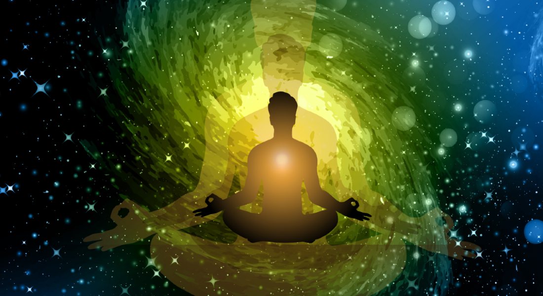 Person meditating with a yellow galaxy swirl against a blue energy background.