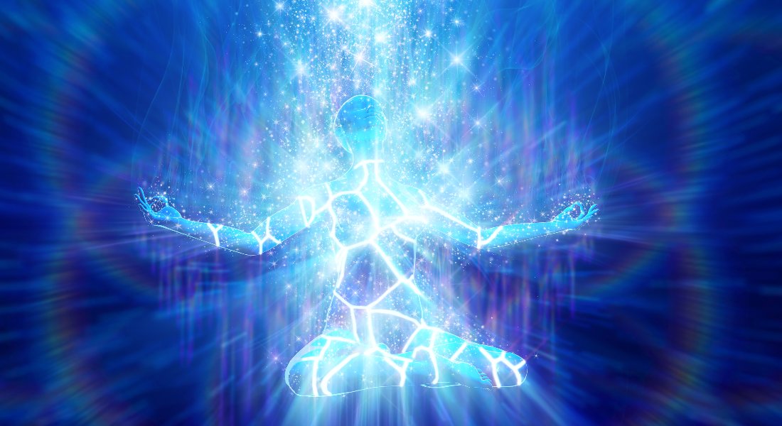 Abstract figure with glowing blue energy in a dark blue background.