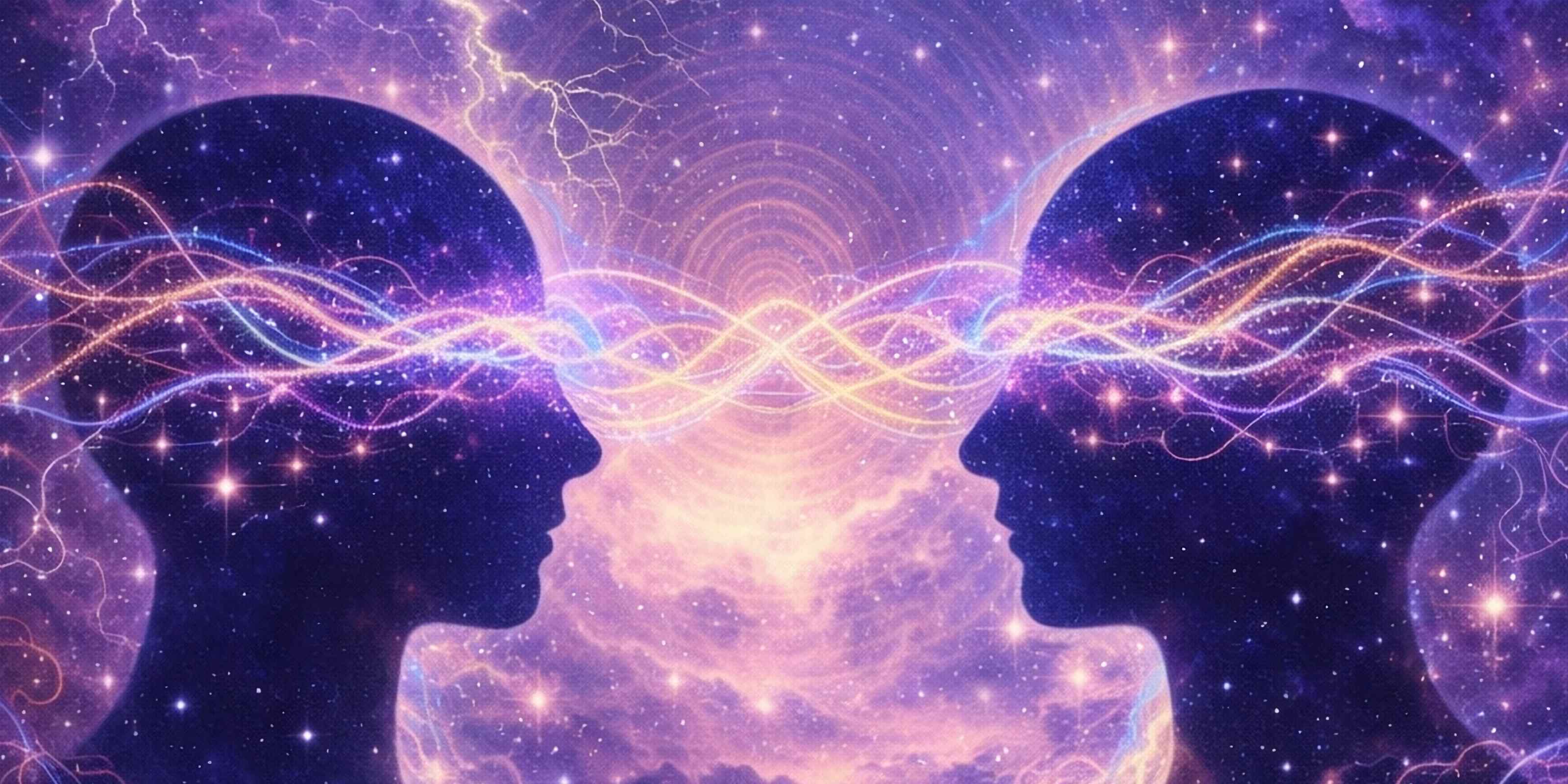 Two silhouettes connected by light waves in space, representing telepathy and spiritual mind-to-mind communication.