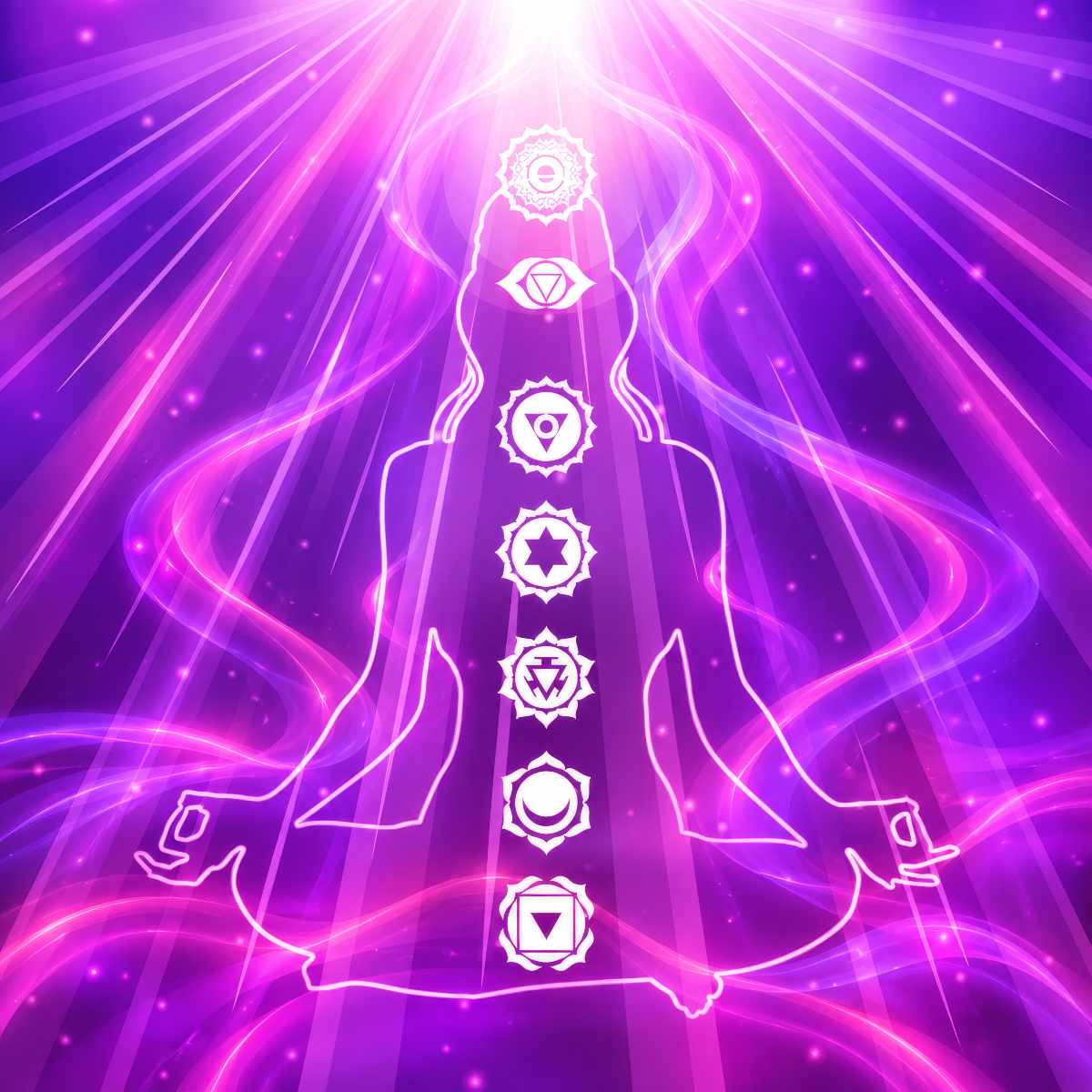 A glowing chakra design with a meditating figure outline and seven circular symbols aligned vertically, set against a radiant purple and pink background with light rays and sparkles.