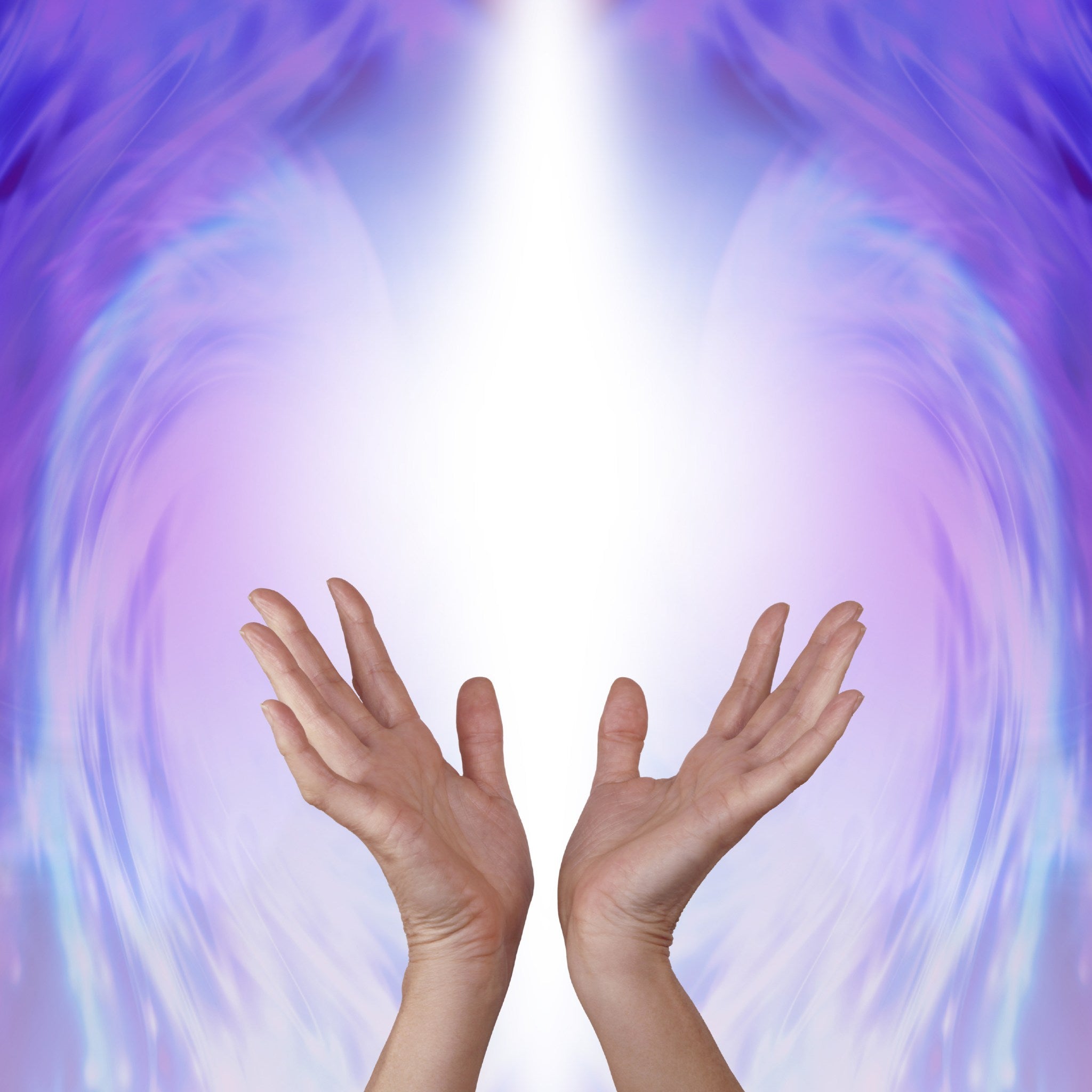 A pair of hands are raised, palms up, toward a bright white light with soft purple and blue energy radiating outward like wings from the centre, symbolising spiritual offering and abundance.