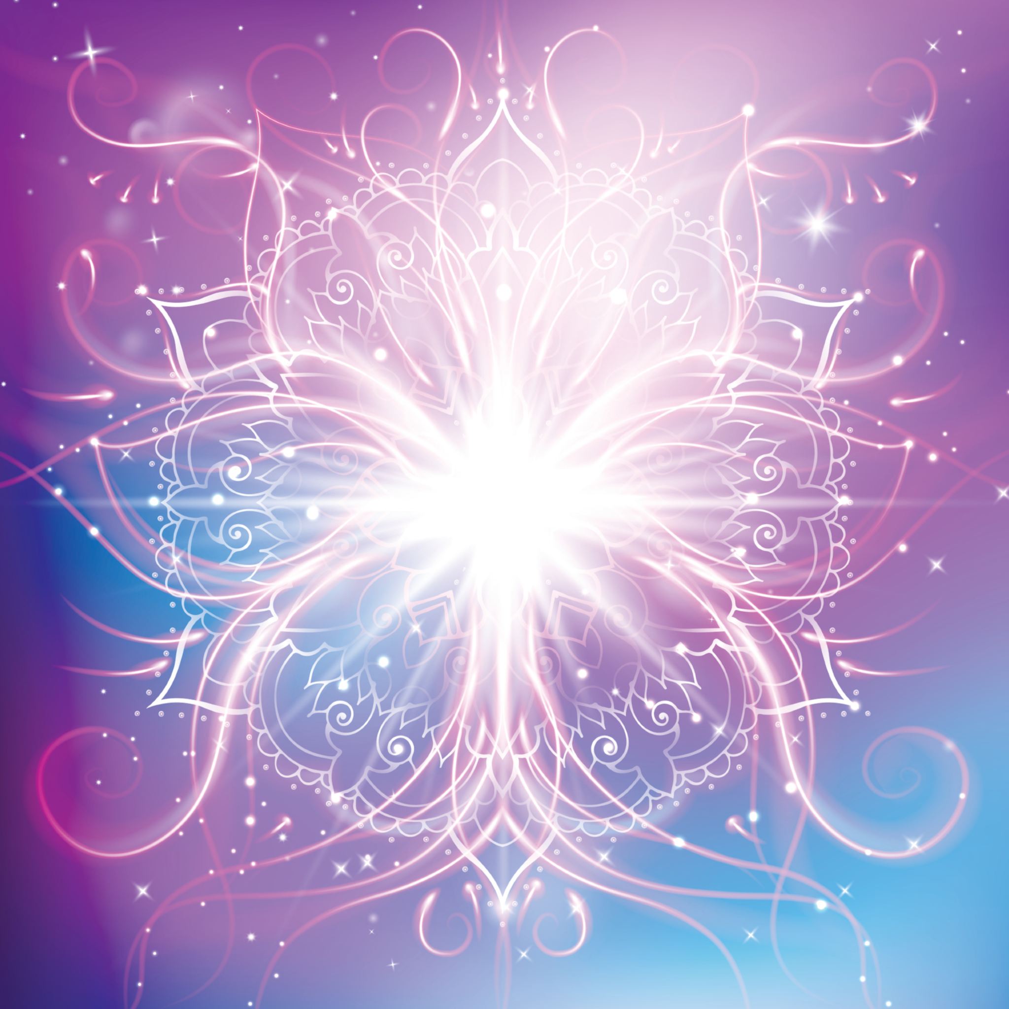 Abstract graphic of a glowing white light core exploding outward in a delicate, white, swirling lotus or mandala design against a vibrant magenta and blue background.