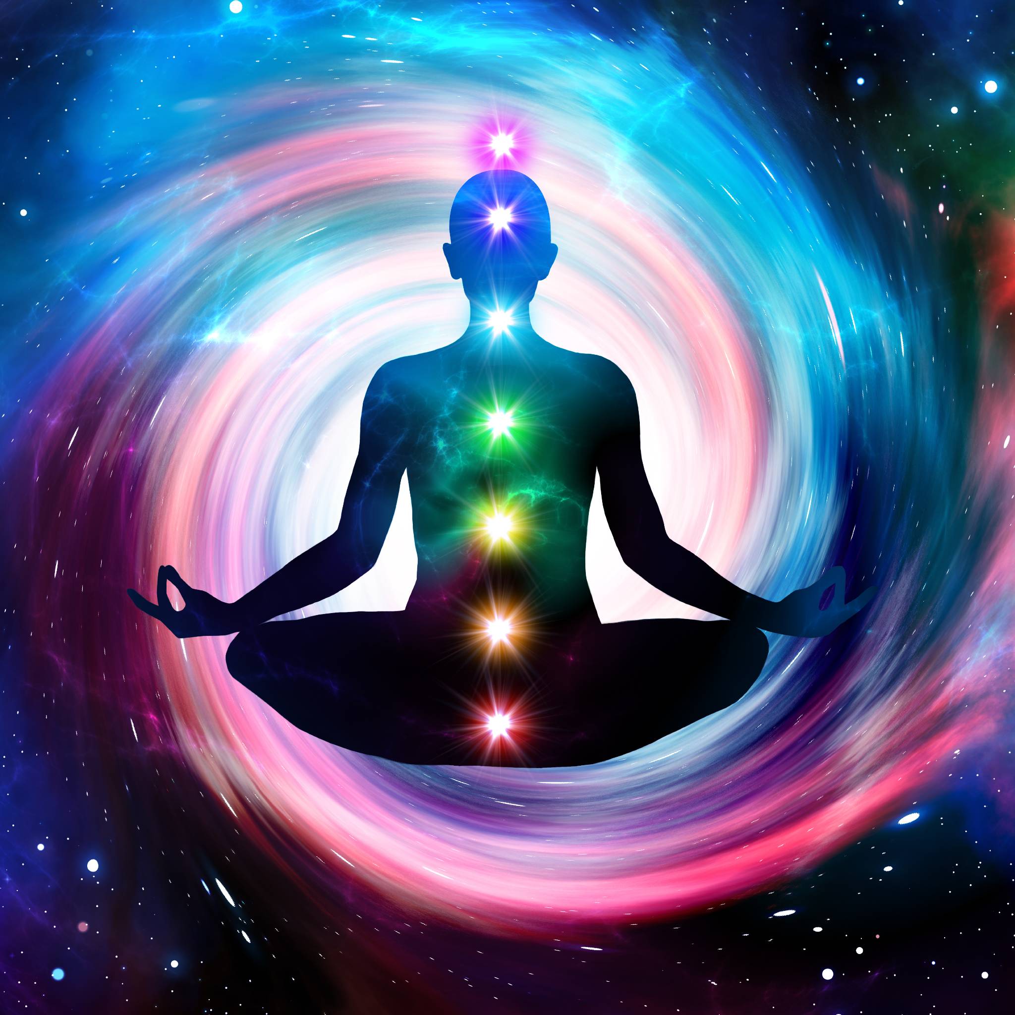 A meditating silhouette with rainbow chakras, set against a swirling blue and pink galaxy, representing the 9999 angel number manifestation.