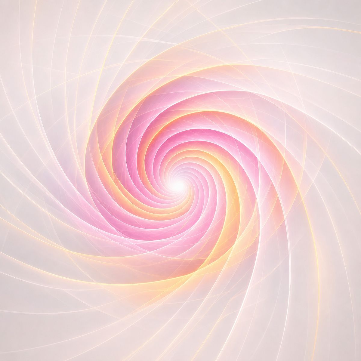 An ethereal white, soft pink, and pale orange digital vortex with translucent, swirling geometric ribbons spiralling inward.