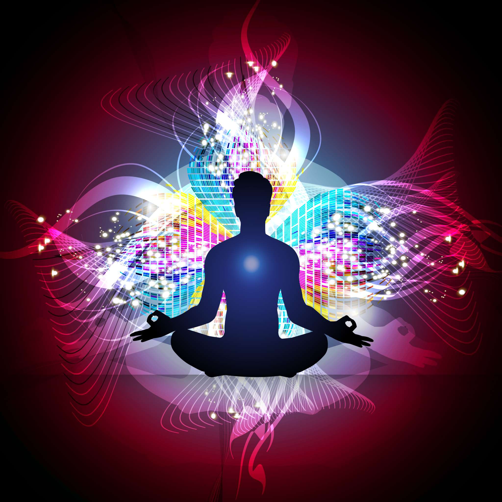 A silhouette of a person meditating in the lotus position, surrounded by vibrant, swirling energetic light patterns in shades of red, purple, blue, and yellow, symbolising energetic flow, abundance, and inner alignment.