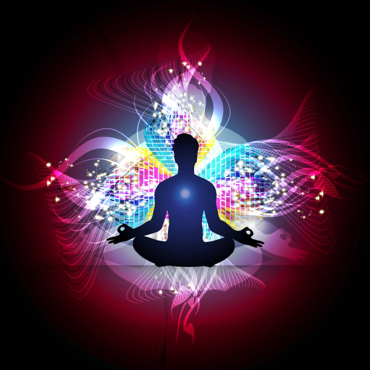 Silhouette of a person meditating with colourful, swirling lights on a dark background.