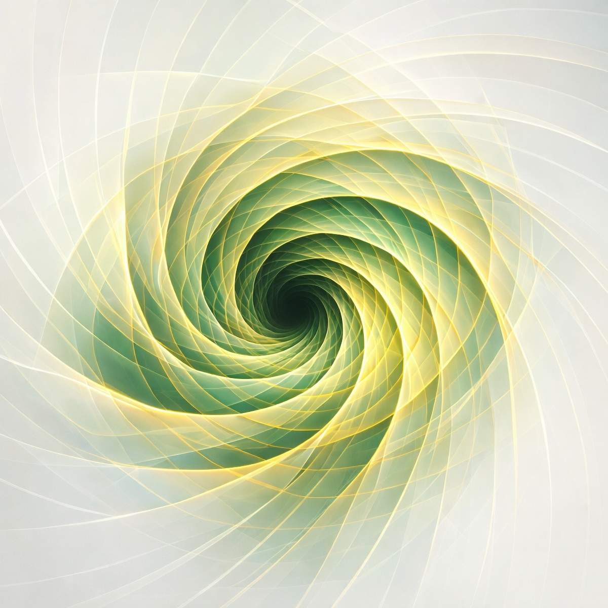 An ethereal white, gold, and forest green digital vortex with translucent geometric light ribbons spiralling inward.