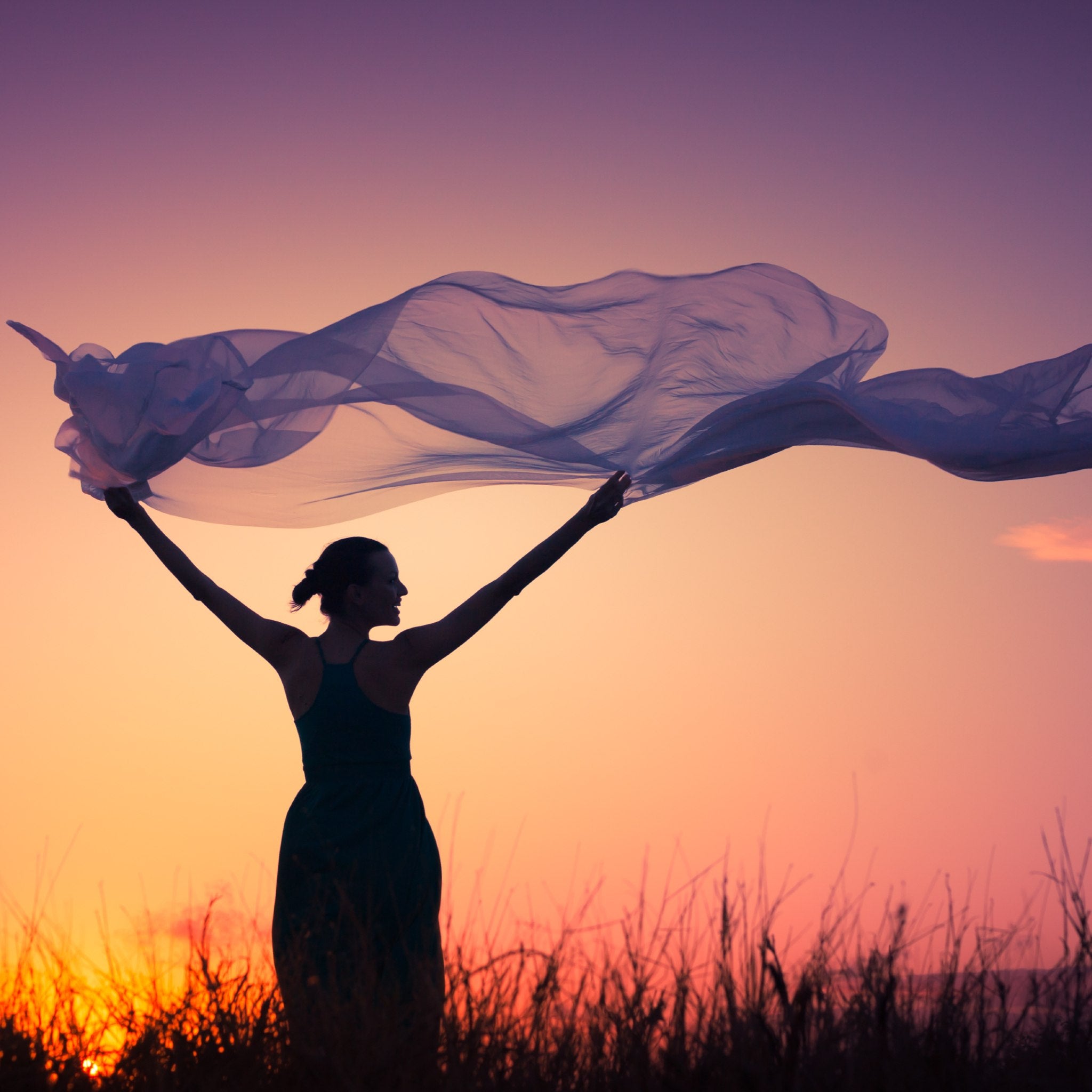 A woman stands in silhouette in a field of tall grass at sunset, holding a flowing piece of fabric stretched above her head against the orange, pink, and purple sky.