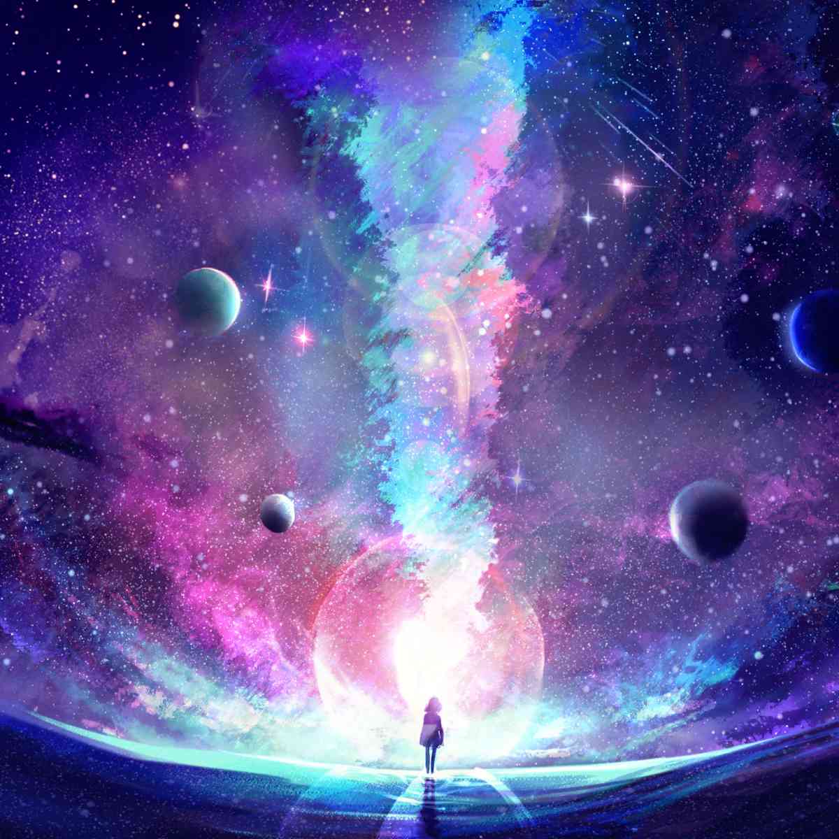 A lone figure stands before a massive radiant orb as a vibrant teal and pink energy column ascends into a starry galaxy.