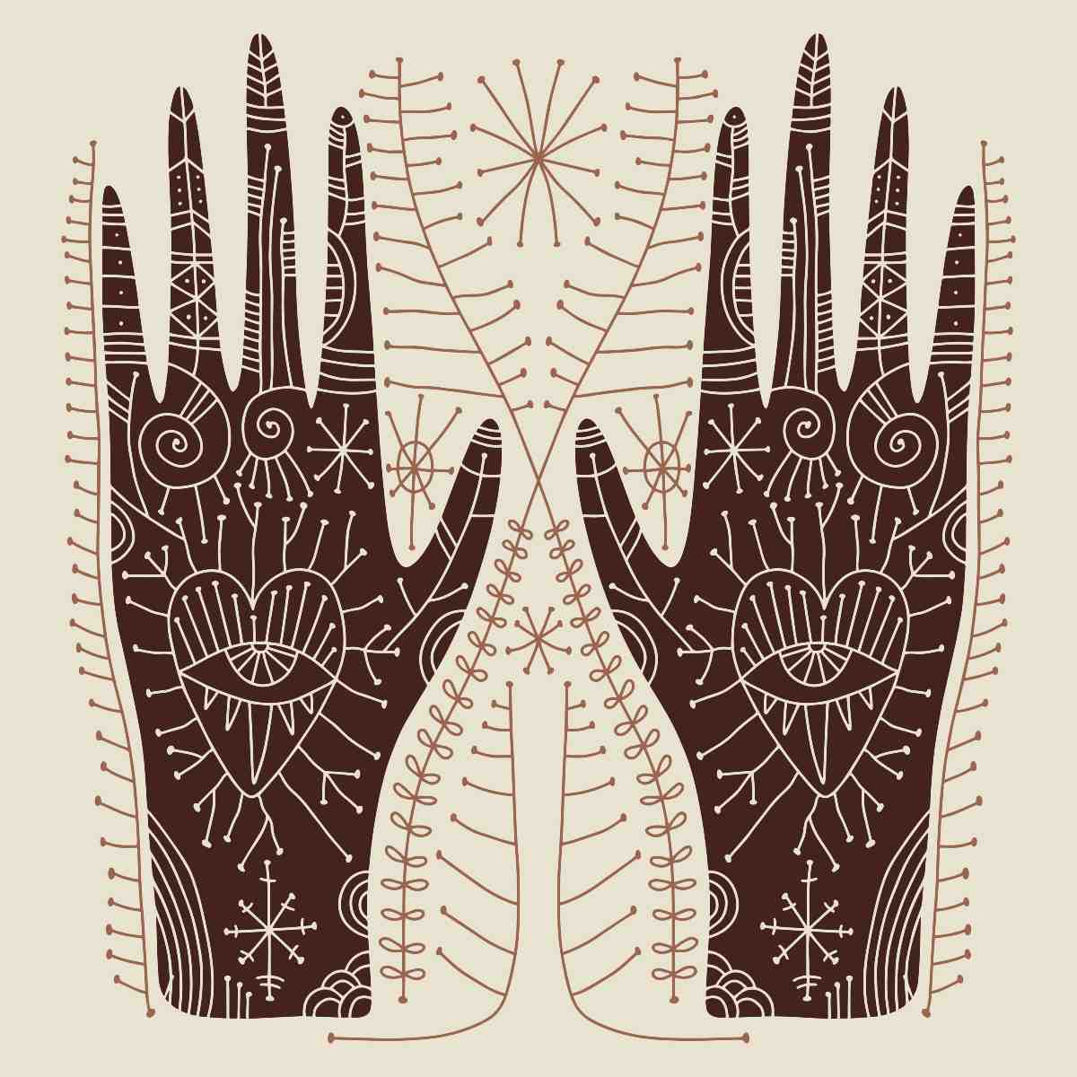 Decorative illustration of two hands with intricate patterns on a beige background.
