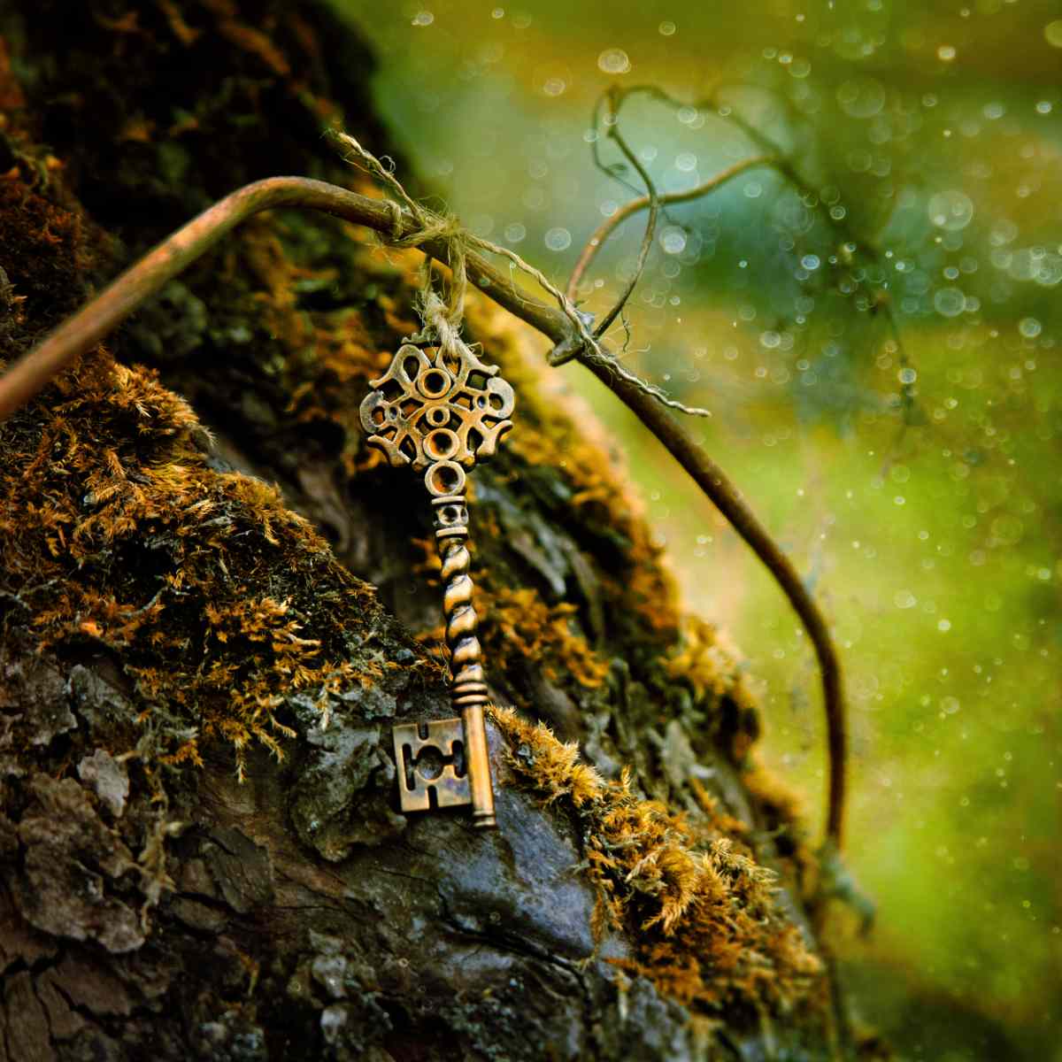 Vintage key on a moss-covered tree branch with a blurred green background.