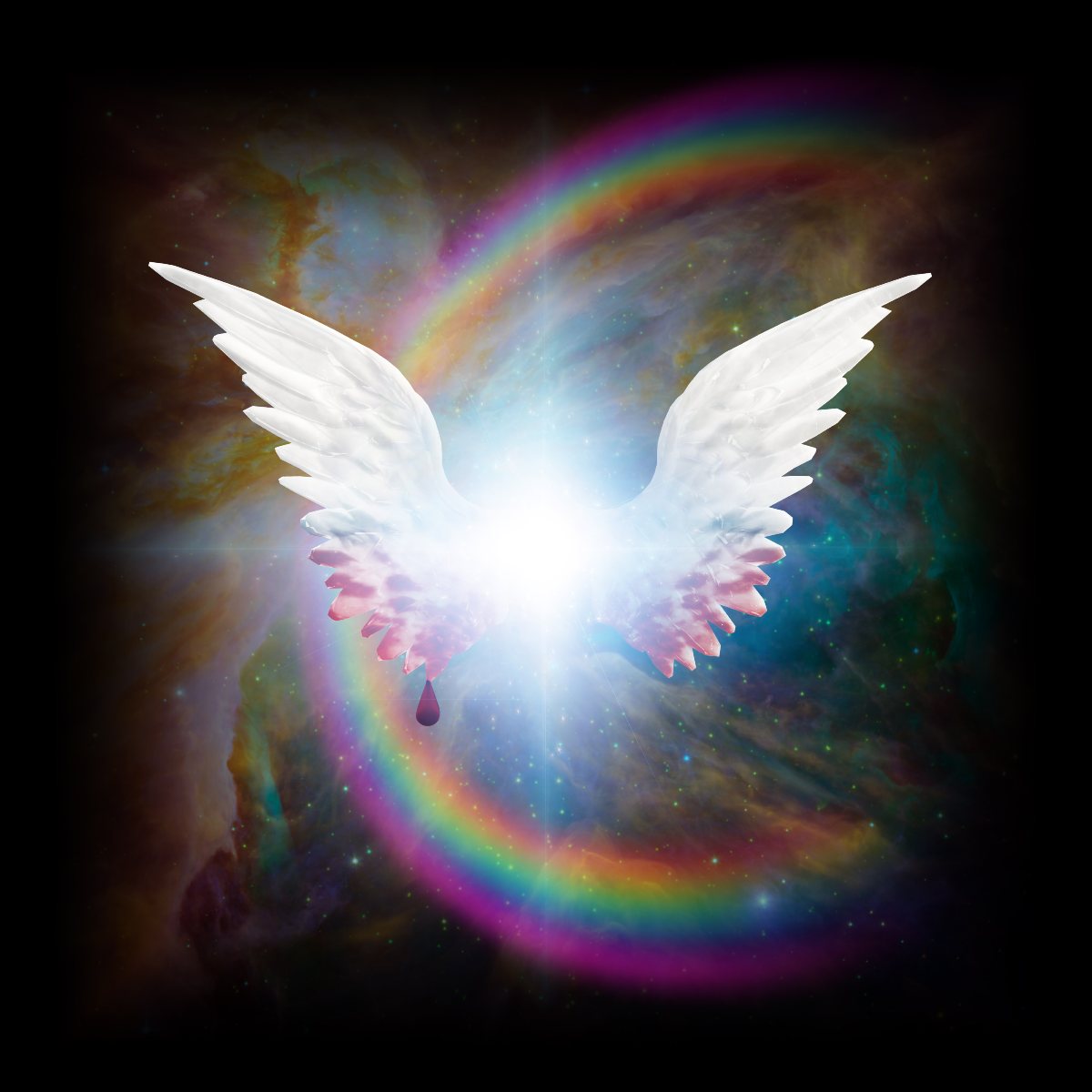 Digital illustration of white angel wings emerging from a central white light symbolising angel abundance.