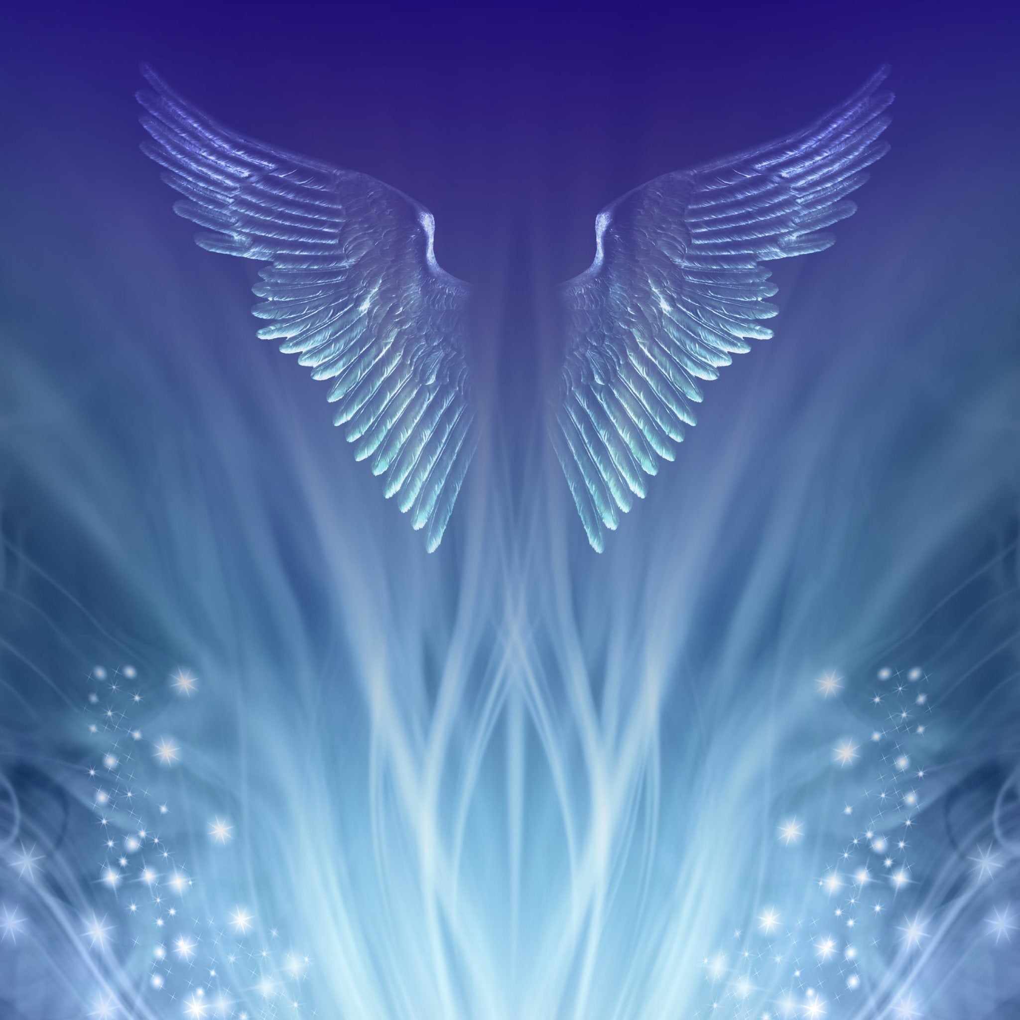 A digitally enhanced, serene image featuring a pair of textured, crystalline angel wings in pale blue and white, emerging from a vertical burst of glowing blue and white energy below. The surrounding background is a soft, mystical gradient of deep blue and purple, signifying the spiritual connection and energetic focus of the angel healer path alignment dedication.