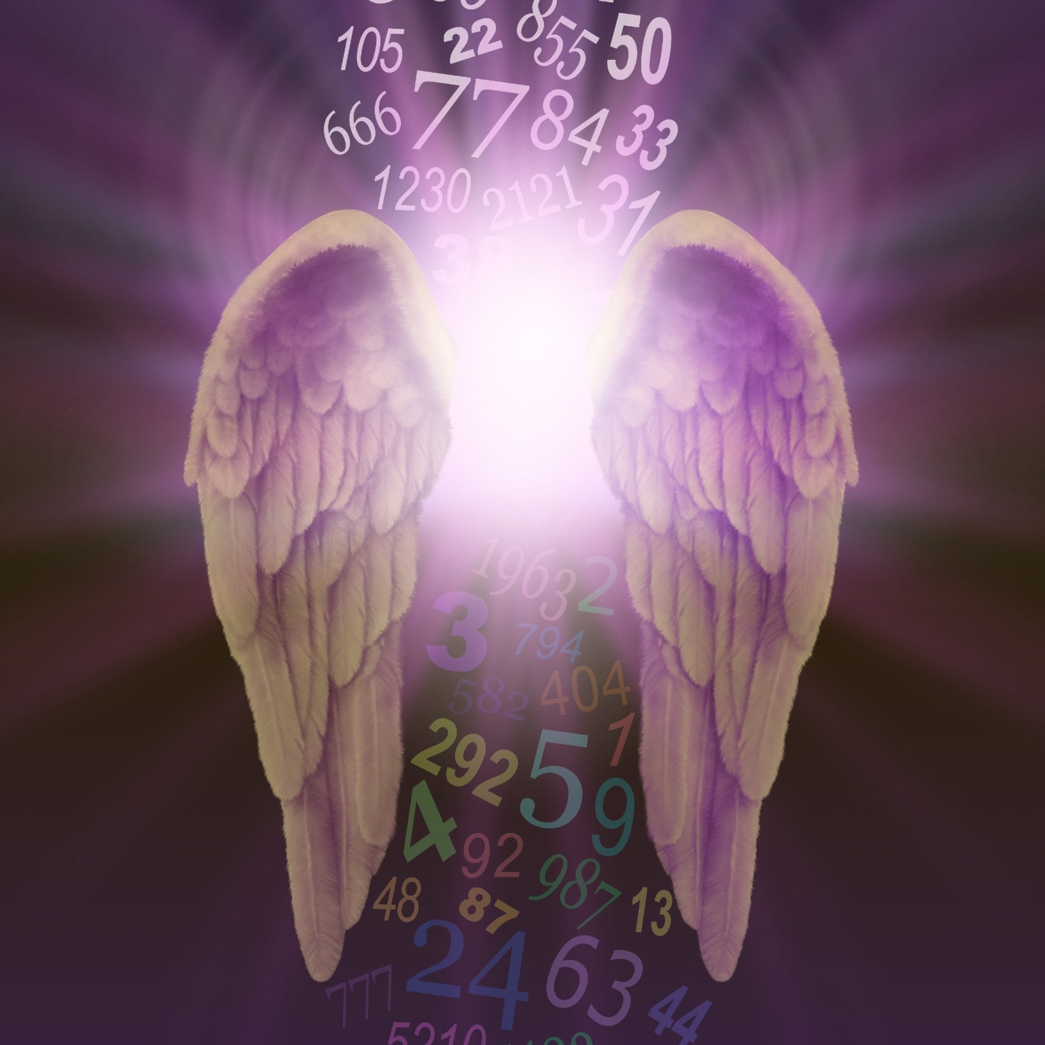 A pair of golden, feathered angel wings with a subtle purple glow at the top, emerging from a blinding central white light. Various coloured numerical digits, representing angel numbers, float around the wings against a dark background.