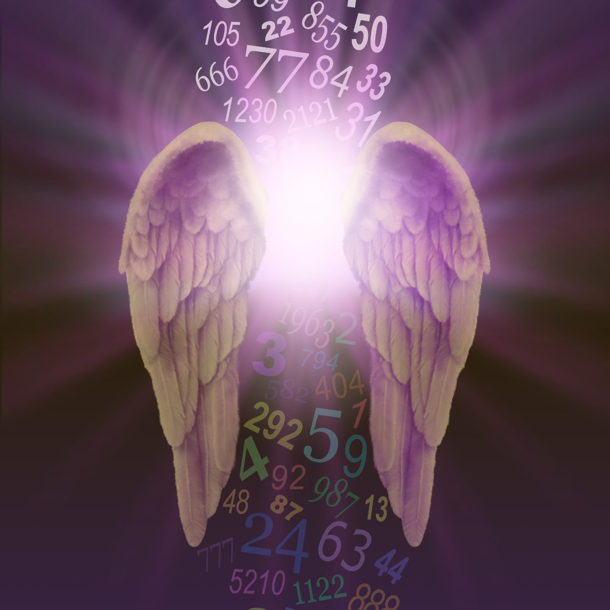 A pair of golden angel wings with coloured numbers, representing angel numbers.