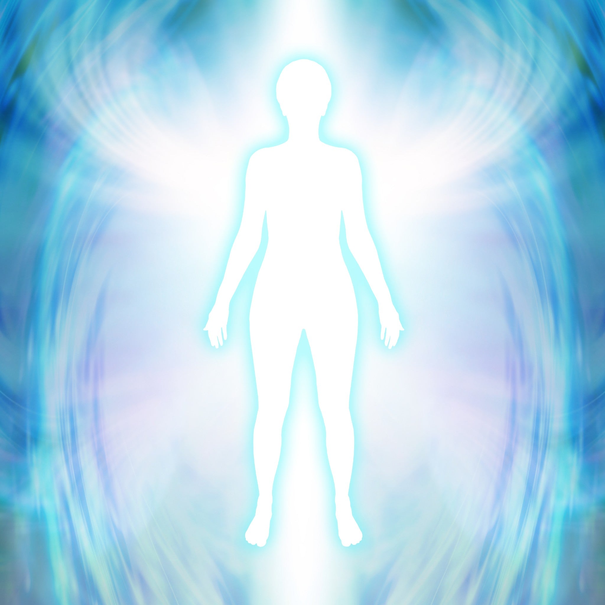 A white, glowing silhouette of a human figure, symbolising an angel or spirit, standing against a backdrop of swirling light blue and white energy, resembling large, vibrant wings.