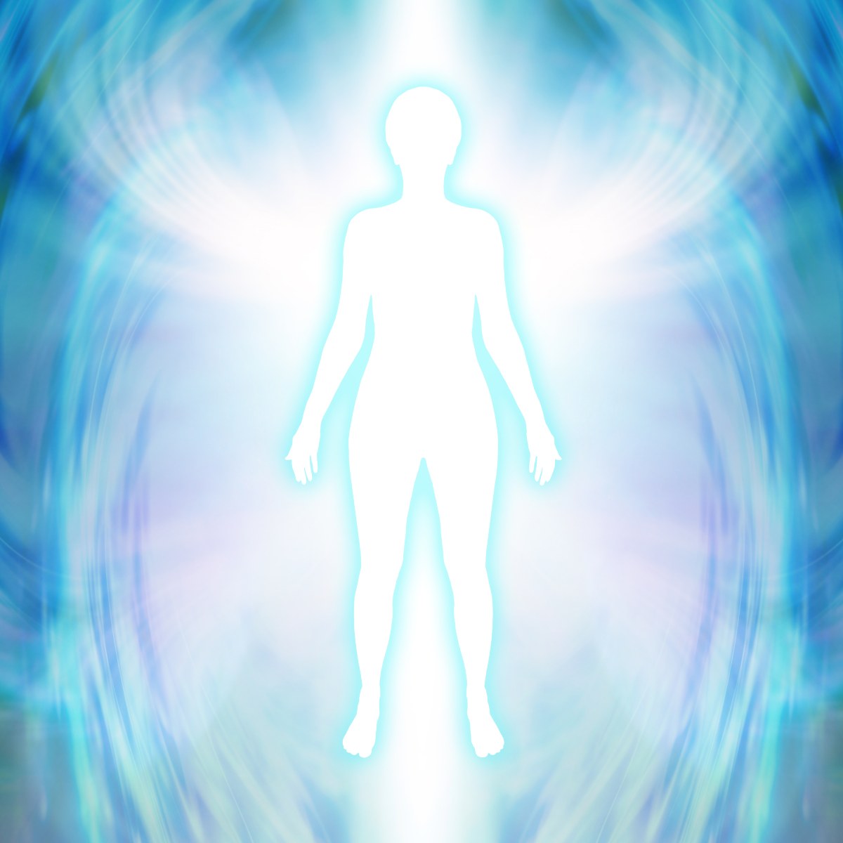 Silhouette of a person against a swirling blue and white angelic energy background