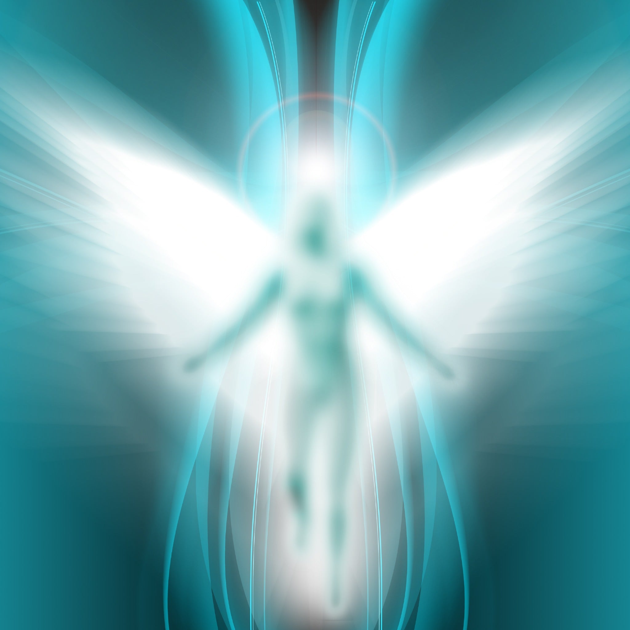 Abstract digital art showing a soft, glowing, white angelic figure with massive, brilliant wings, centred in a bright turquoise and blue light.
