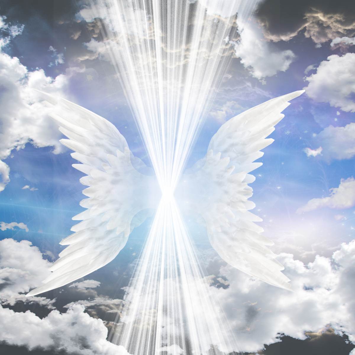 White angel wings centerd against a cloudy sky with bright divine light rays bursting vertically behind them.