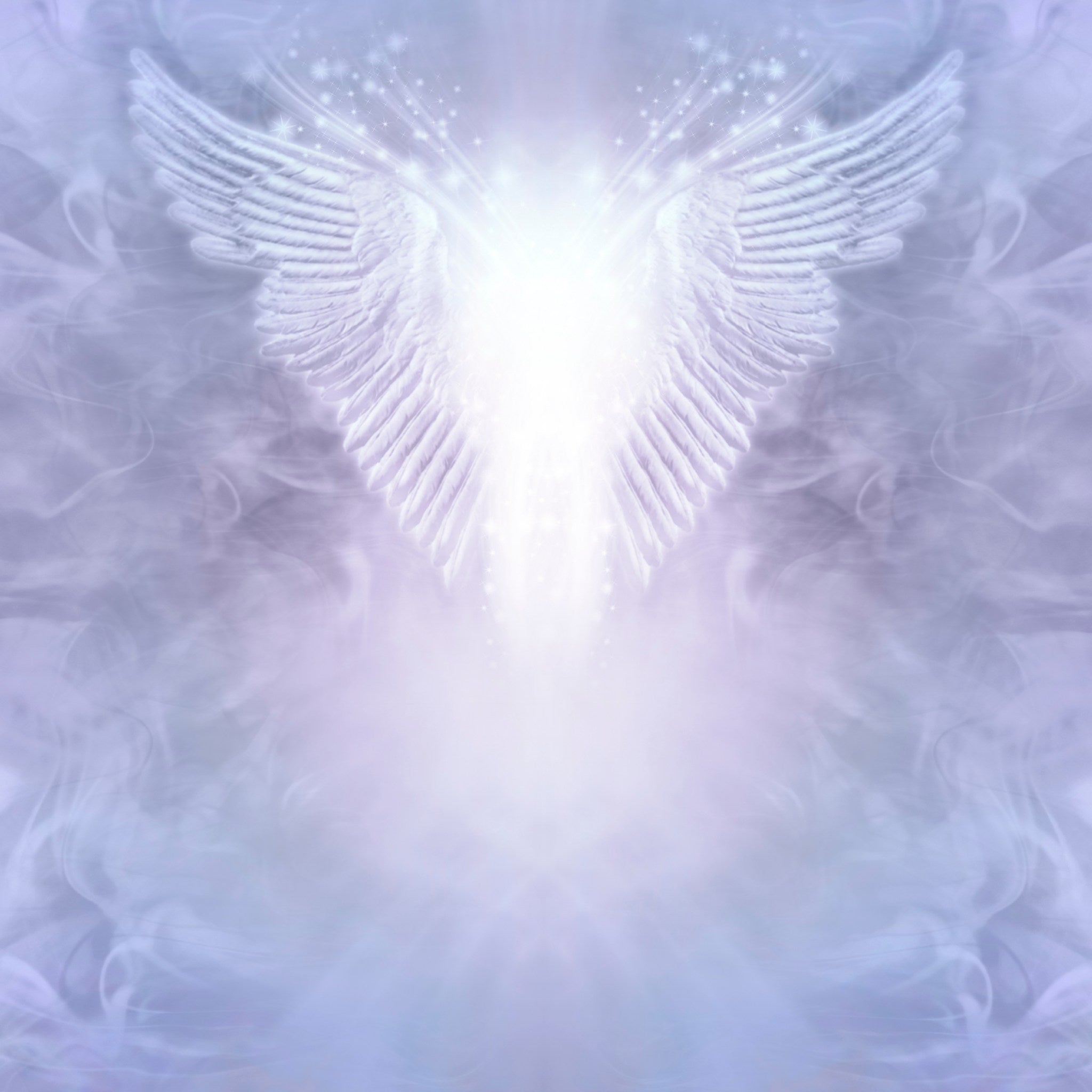 A beautiful, ethereal digital illustration featuring a pair of textured white angel wings emerging from an intense, luminous white light at the centre. The background is a soft, mystical blend of pale blue and lilac smoke and energy.