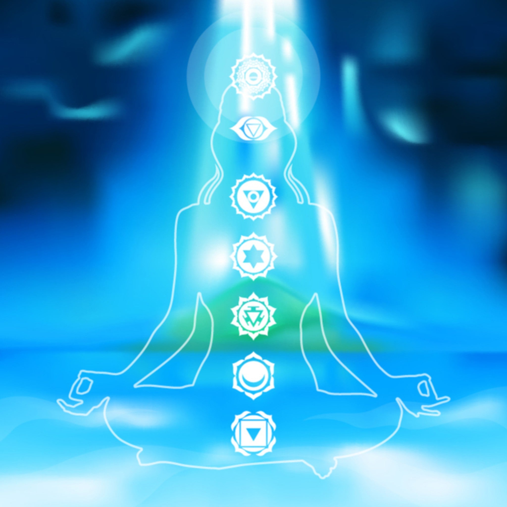 A stylised, glowing white outline of a person sitting in a lotus position, showing the seven chakra symbols aligned vertically, with an intense beam of white light descending from the crown, all against a bright blue, cloudy, ethereal background.