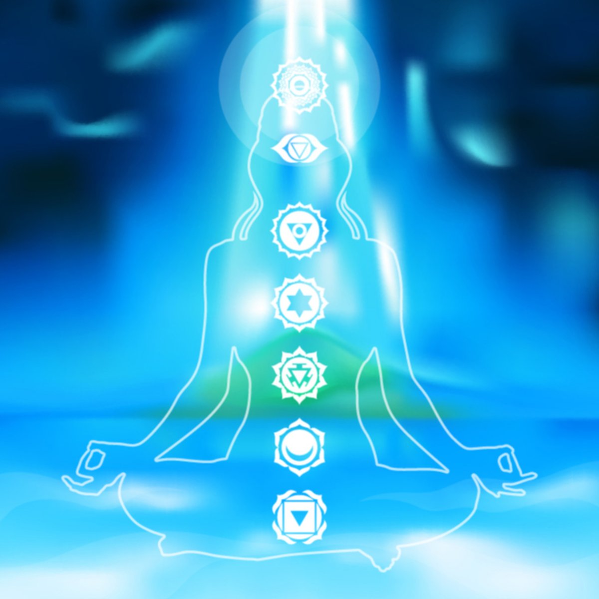 Outline of a person in meditation with chakra symbols on a blue background.
