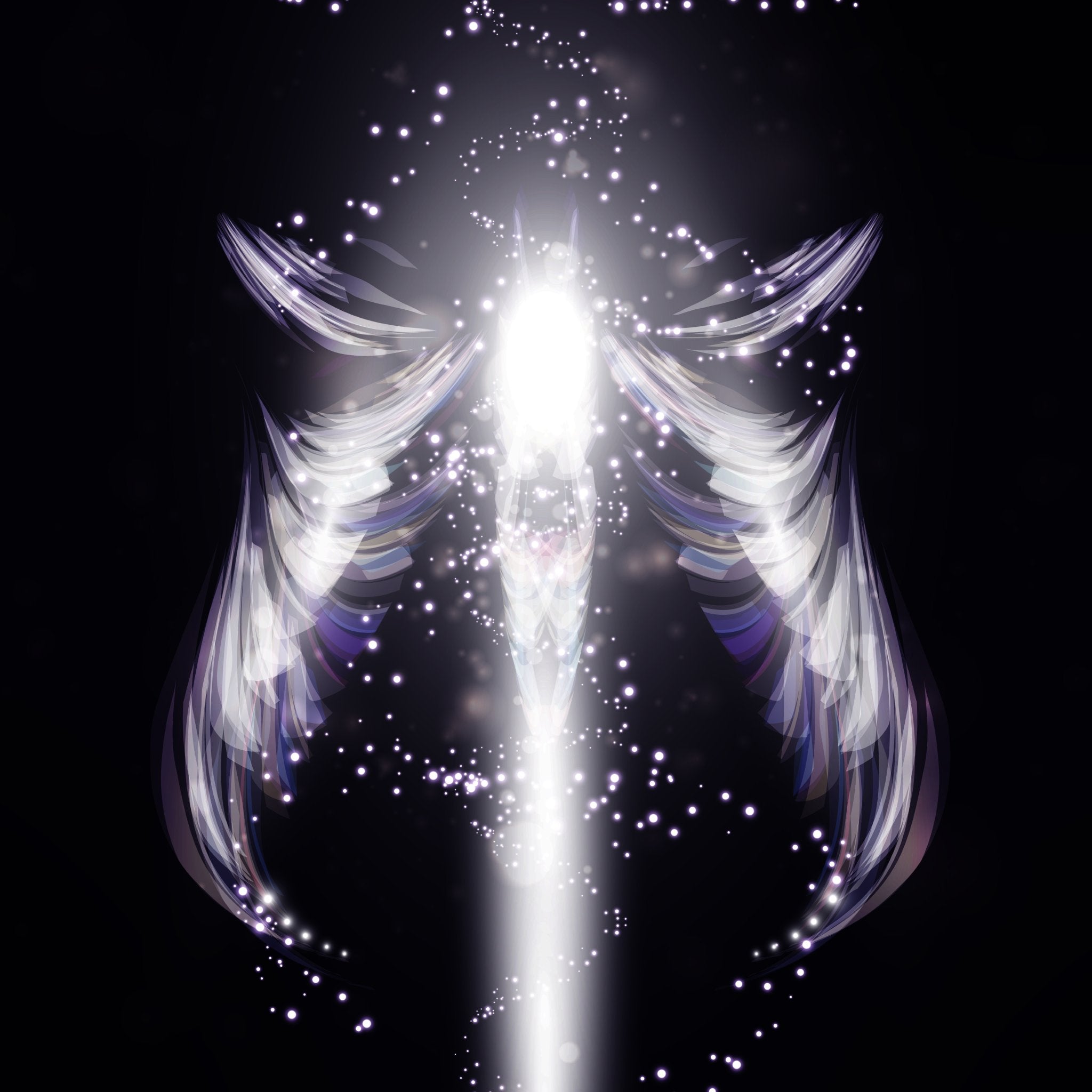 A bright white column of light surrounded by shimmering, feathery, energetic wings and sparkles, against a black background, representing angels of energetic protection connection.