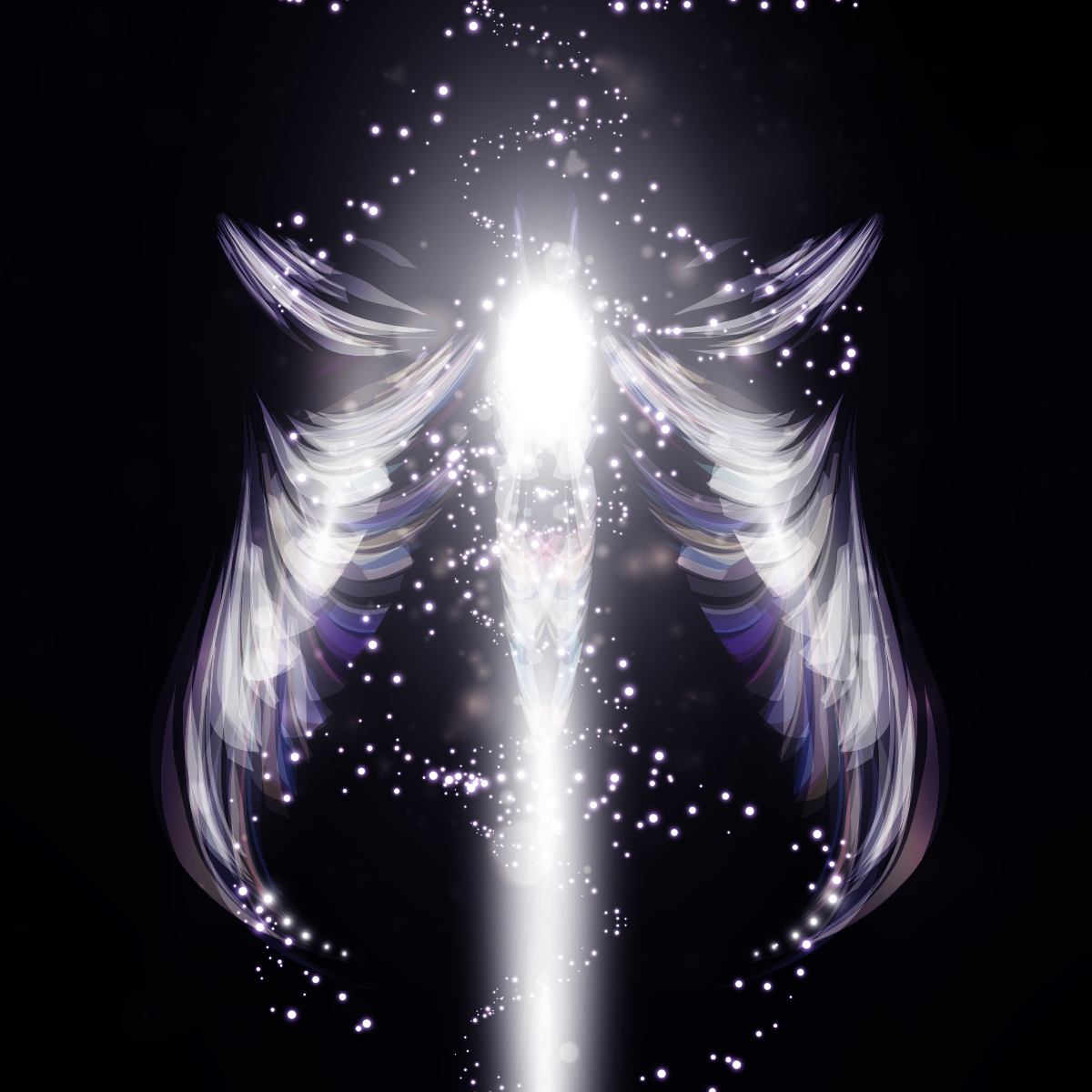Bright white feathery, energetic wings and sparkles, representing angels of energetic protection connection.