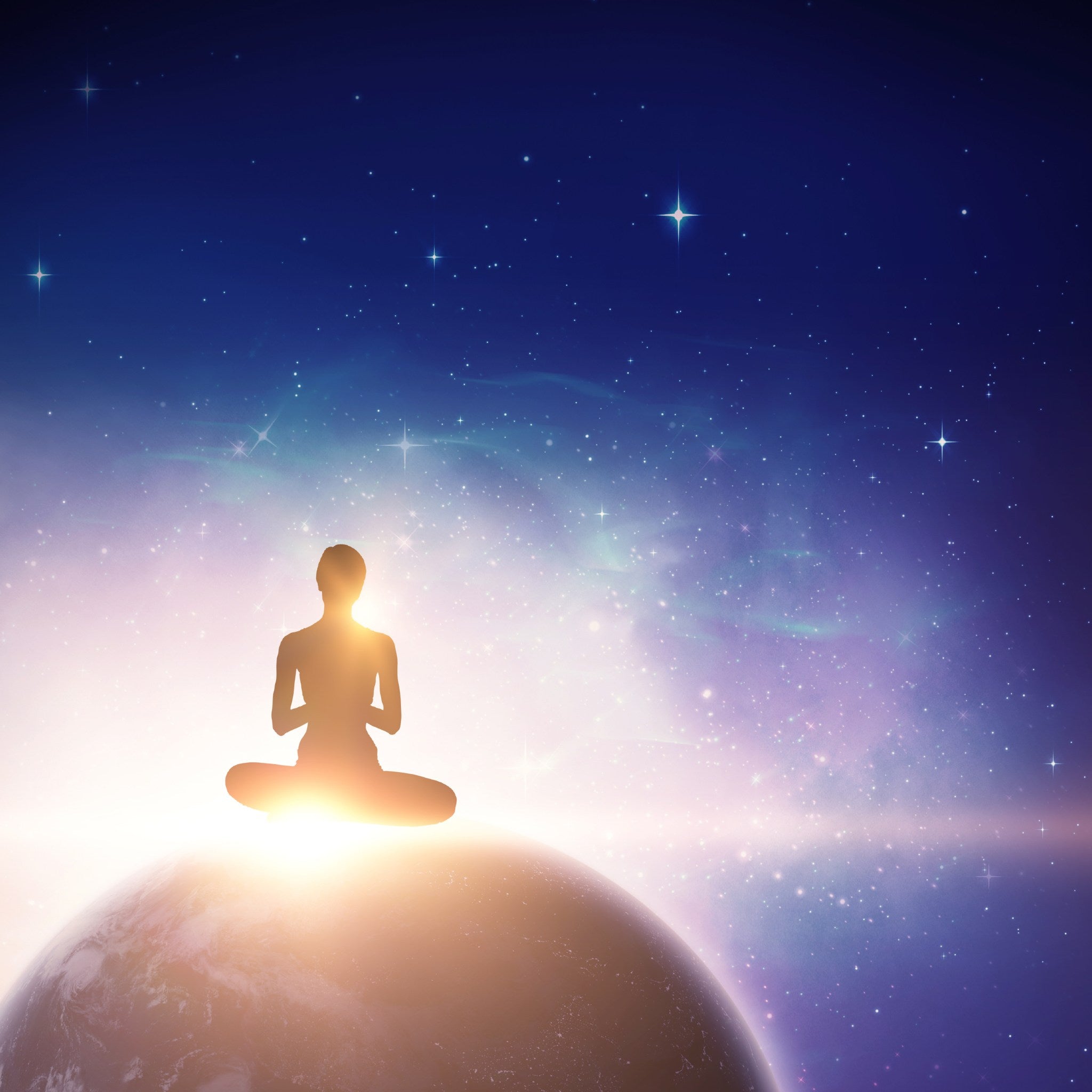 A black silhouette of a person sitting in a lotus pose on the curved surface of a glowing planet, positioned in the foreground against a deep blue and purple cosmic sky filled with stars and nebulae.