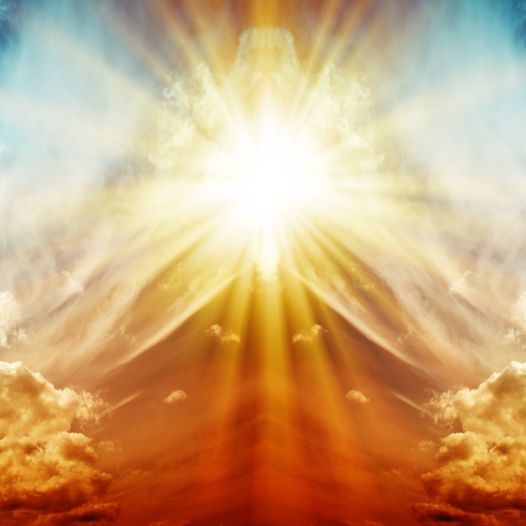 A bright, divine burst of white and golden light streams down from a glowing epicentre in the clouds, creating strong light rays and illuminating the swirling orange and blue sky, symbolising spiritual revelation.