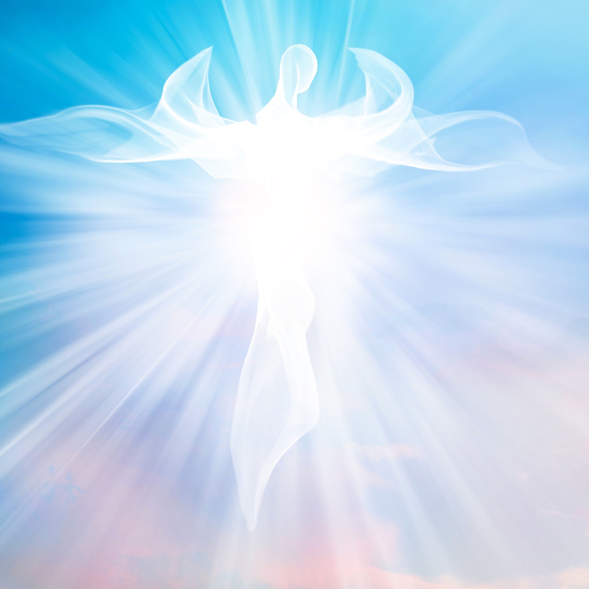 A digital illustration of a radiant, white, ethereal figure resembling an angel with flowing, curved wings and robes. The figure is made of pure light and stands against a bright, streaked background of blue and pink sky.