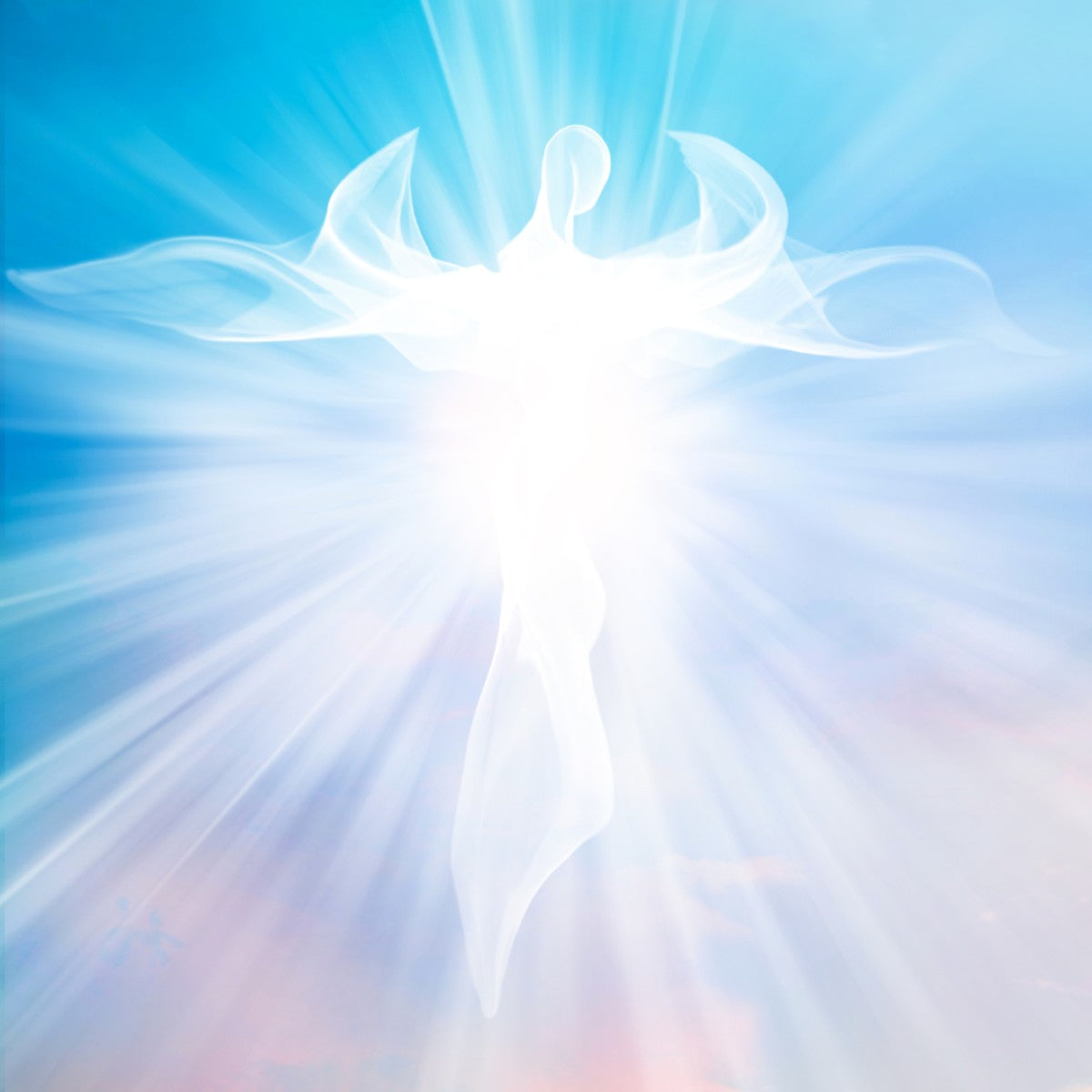 A radiant, white, ethereal angel with flowing, curved wings against a bright, streaked background of blue and pink sky.