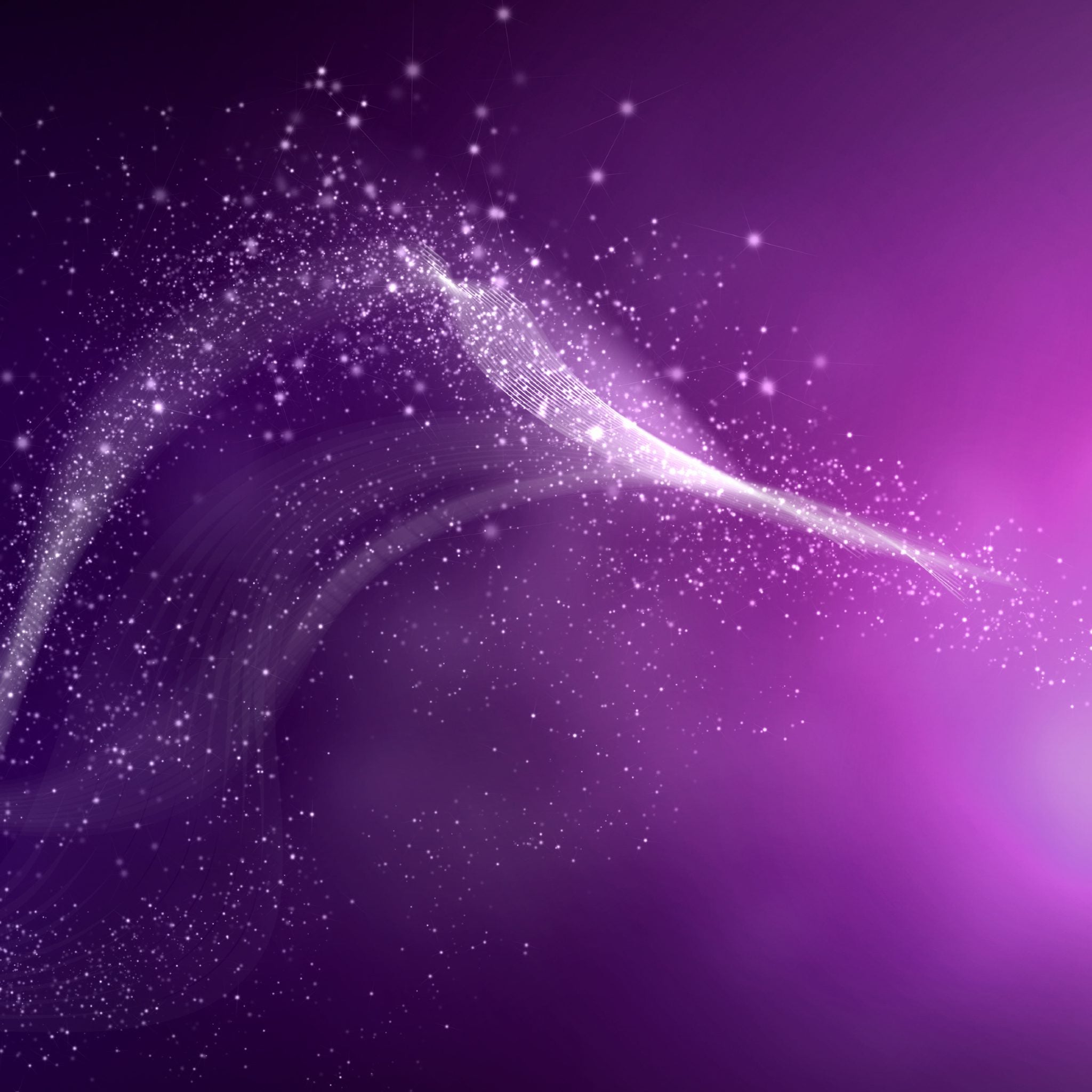 A striking digital abstract image with a deep violet, purple and magenta background. It features a brilliant, curving stream of sparkling white light and dots flowing from the bottom right corner, suggesting powerful healing energy and the presence of angels of violet flame healing connection.