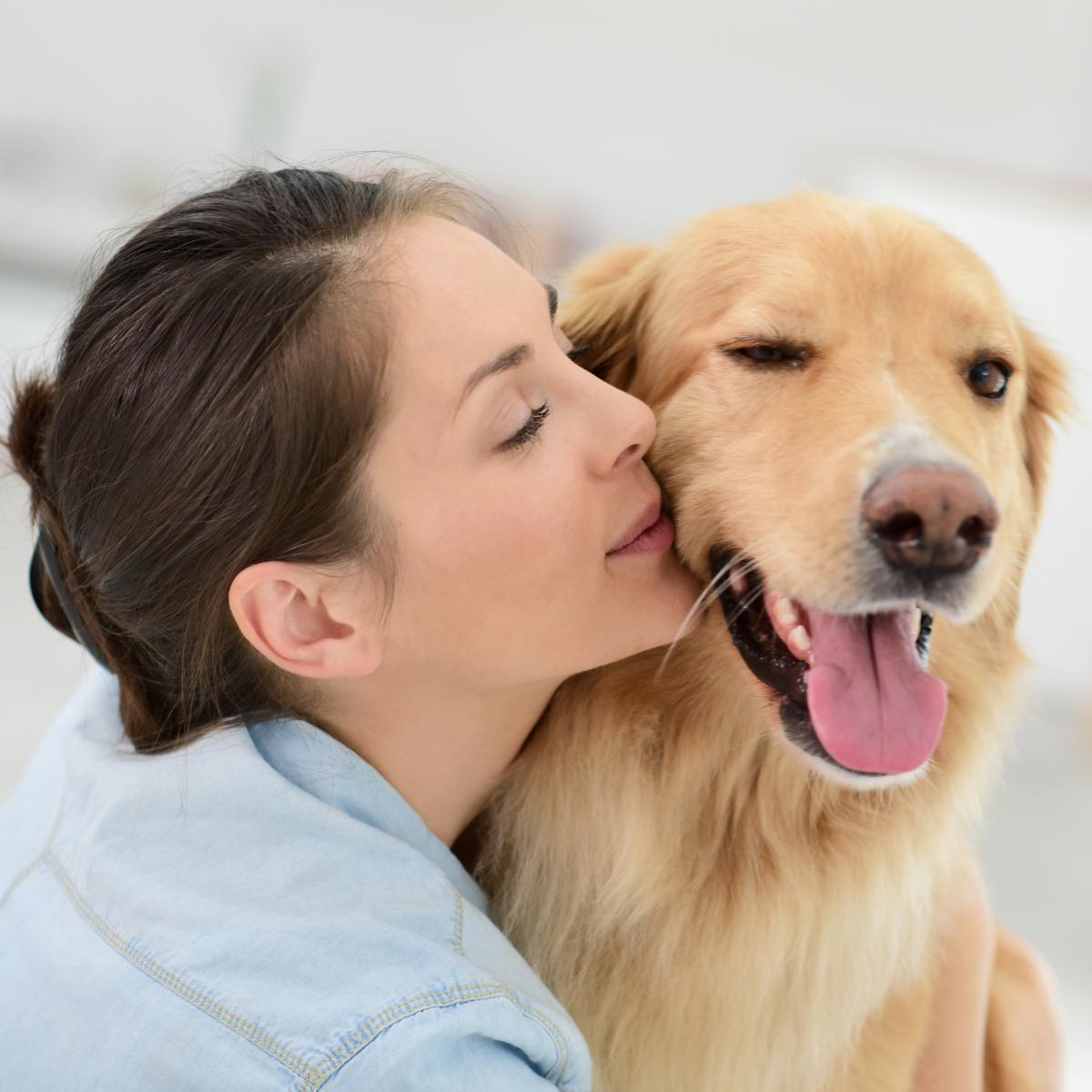 Woman hugging a happy golden retriever, representing the bond between human and pet and animal healing.